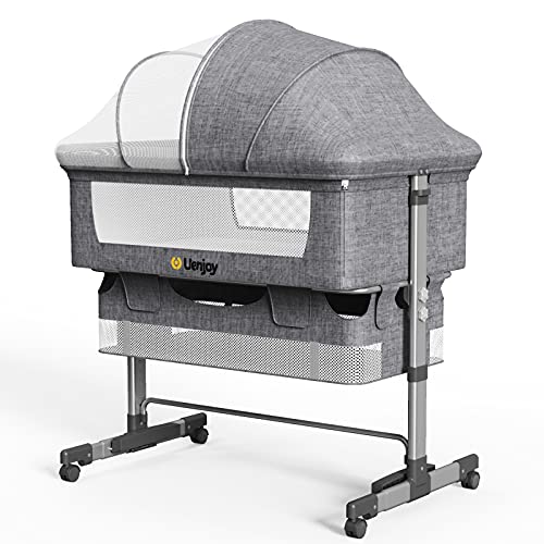 Uenjoy Foldable Portable Baby Bassinet & Bedside Sleeper - Adjustable Infant Bed with Mosquito Net, Storage Bag & Lockable Wheels - Gray | Newborn Nursery Essential for Safe Sleeping & Travel