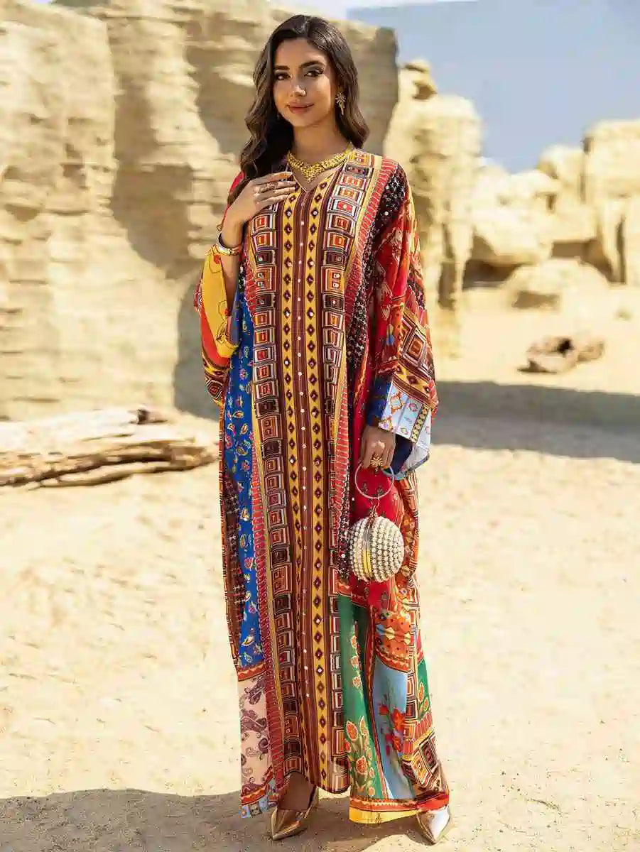 Hotfix Rhinestone Chiffon Printed Caftan Kaftan Dress - Elegant Party Wear for Eid, Wedding, Bridal Shower & Special Occasions | Style #25466