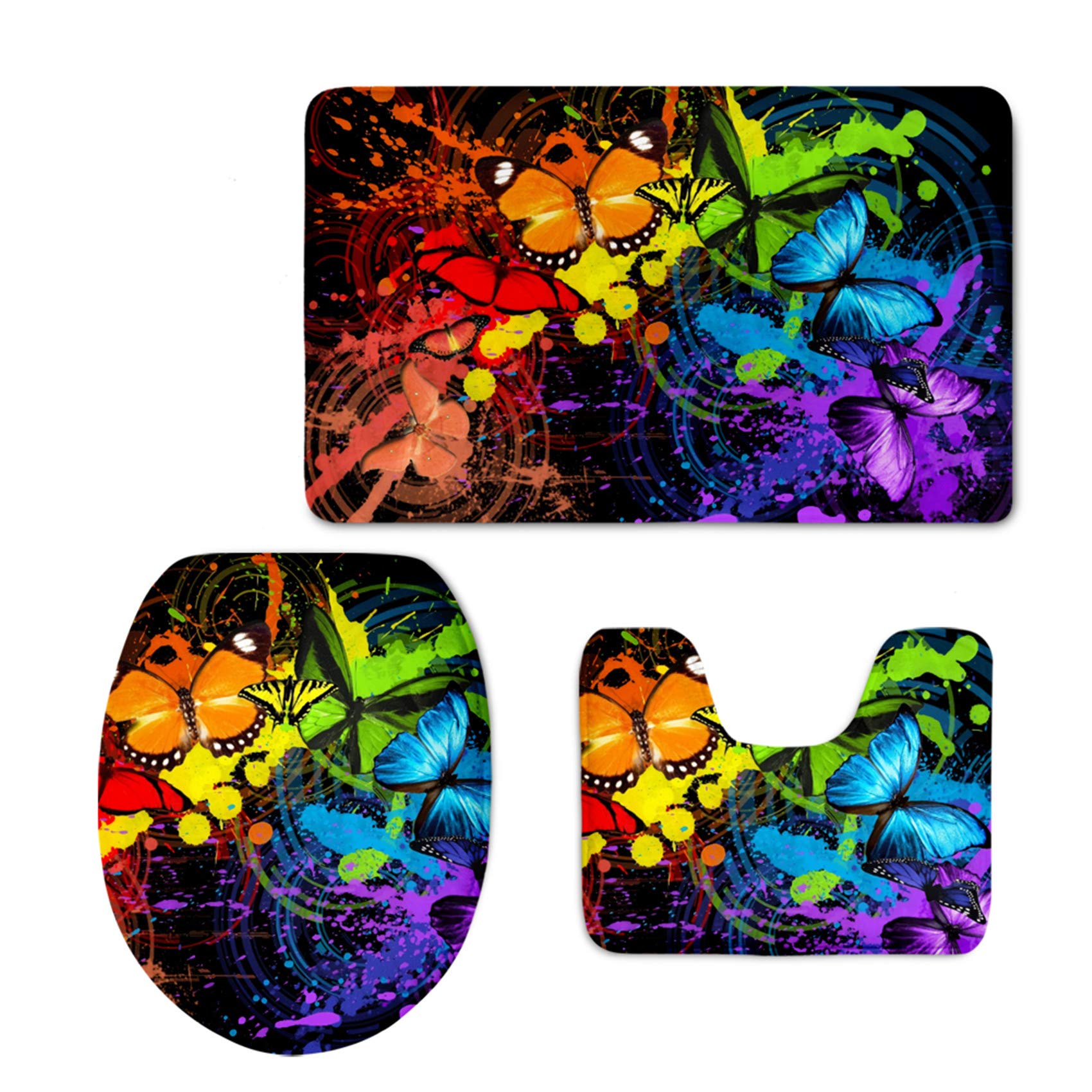 HUGS IDEA Graffiti Butterfly 3-Piece Bath Mat Set - Soft Flannel Non-Slip Bathroom Rug with Toilet Lid Cover - Water Absorbent for Modern Bathroom Decor (Butterfly Design) - Perfect for Guest Bathrooms, Master Suites & Powder Rooms