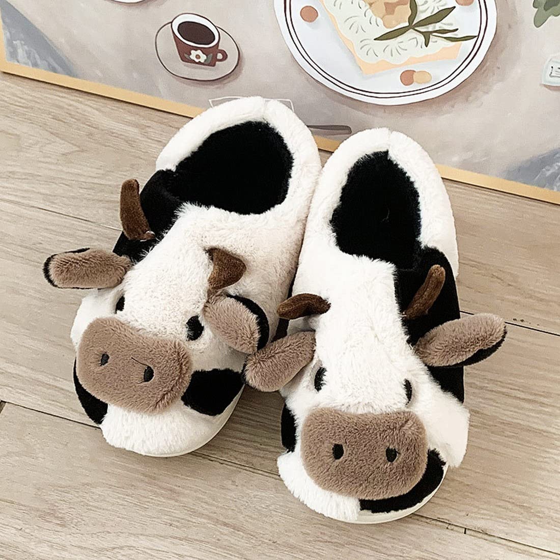 **NIBESSER Fluffy Cow Slippers for Women - Plush Kawaii Animal House Shoes, Cute Cartoon Home Slippers, Warm Winter Indoor Slippers for Girls & Men - Perfect for Cozy Nights & Gifts**