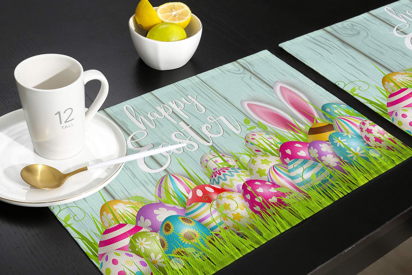 Easter Table Mats Set of 4 - Bunny Ears & Easter Eggs Design - Spring Holiday Cotton Linen Washable Placemats - Wood Grain & Grass Pattern for Dining Table Decor - Perfect for Easter Dinner, Spring Celebrations & Home Decoration