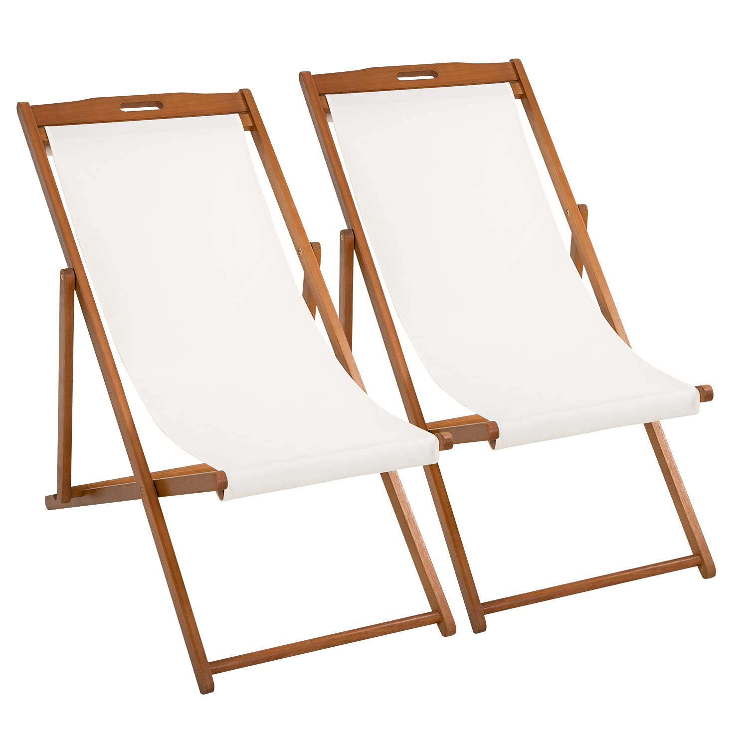 2-Pack Adjustable Reclining Beach Chairs - Portable Folding Lounge Chairs with Solid Eucalyptus Wood Frame & White Polyester Canvas - 3-Level Height Adjustment for Outdoor, Poolside, Camping & Backyard Relaxation