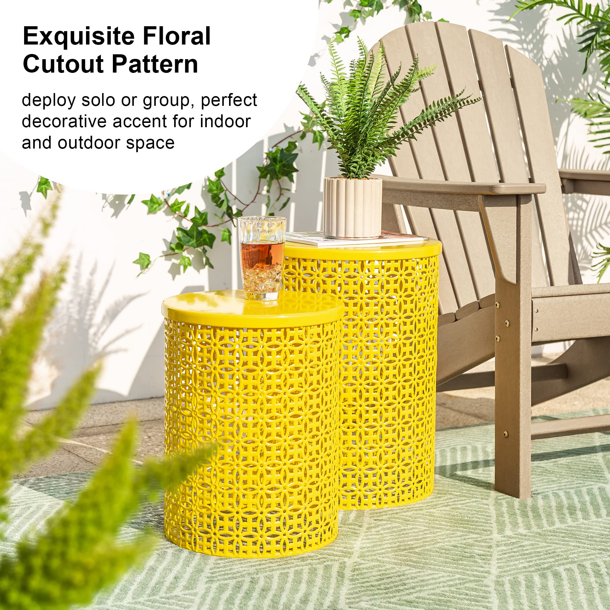 Glitzhome 2-Piece Outdoor Side Table Set - Heavy Duty Metal Frame Modern End Table for Garden, Patio, Balcony - Glossy Yellow Accent Table for Indoor & Outdoor Use - Perfect for Poolside, BBQ, and Relaxing Spaces