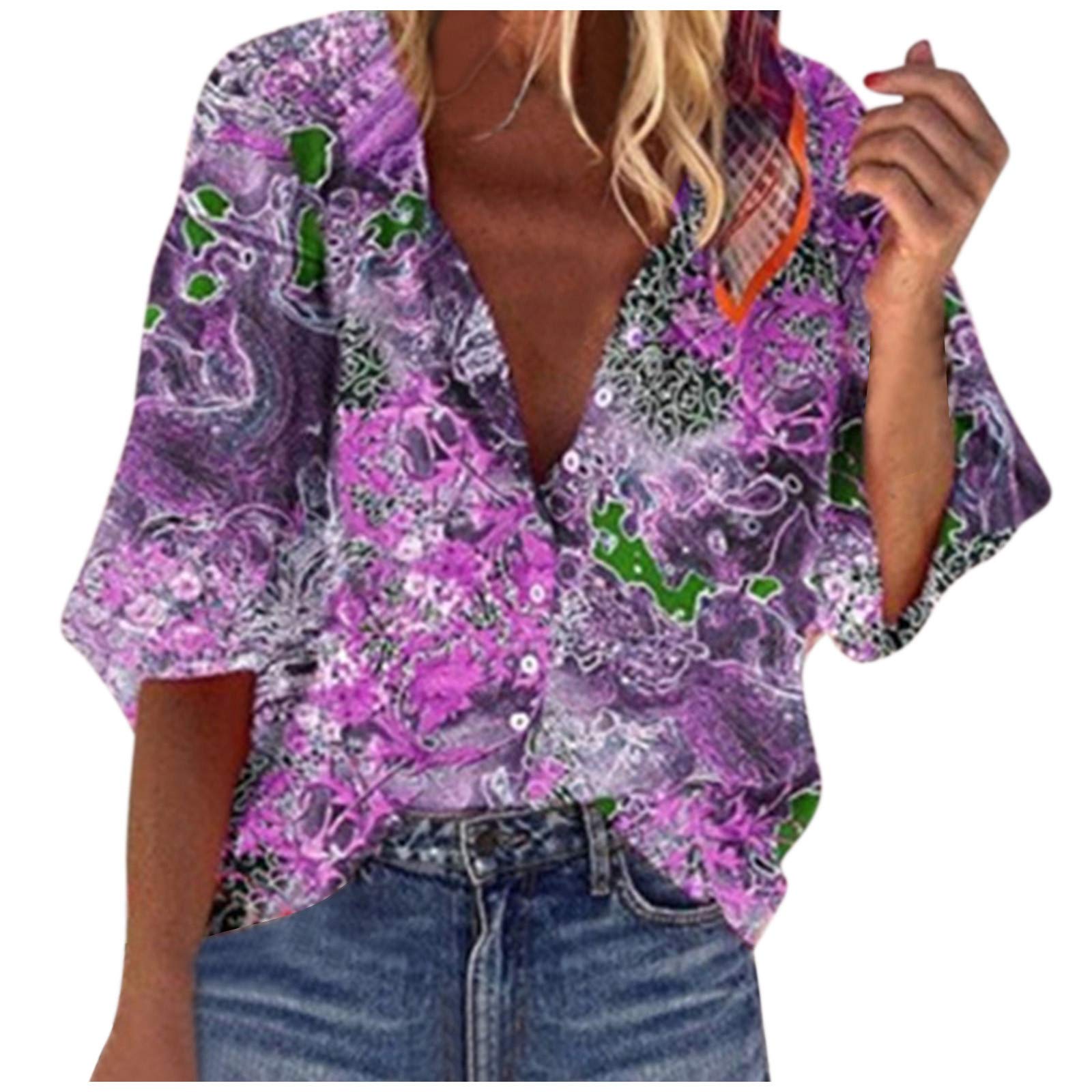 Plus Size Tops for Women - Fashion Casual Long Sleeve Button Down Shirt with Loose Fit & Floral Print - Perfect for Summer Outfits, Office Wear & Casual Dates