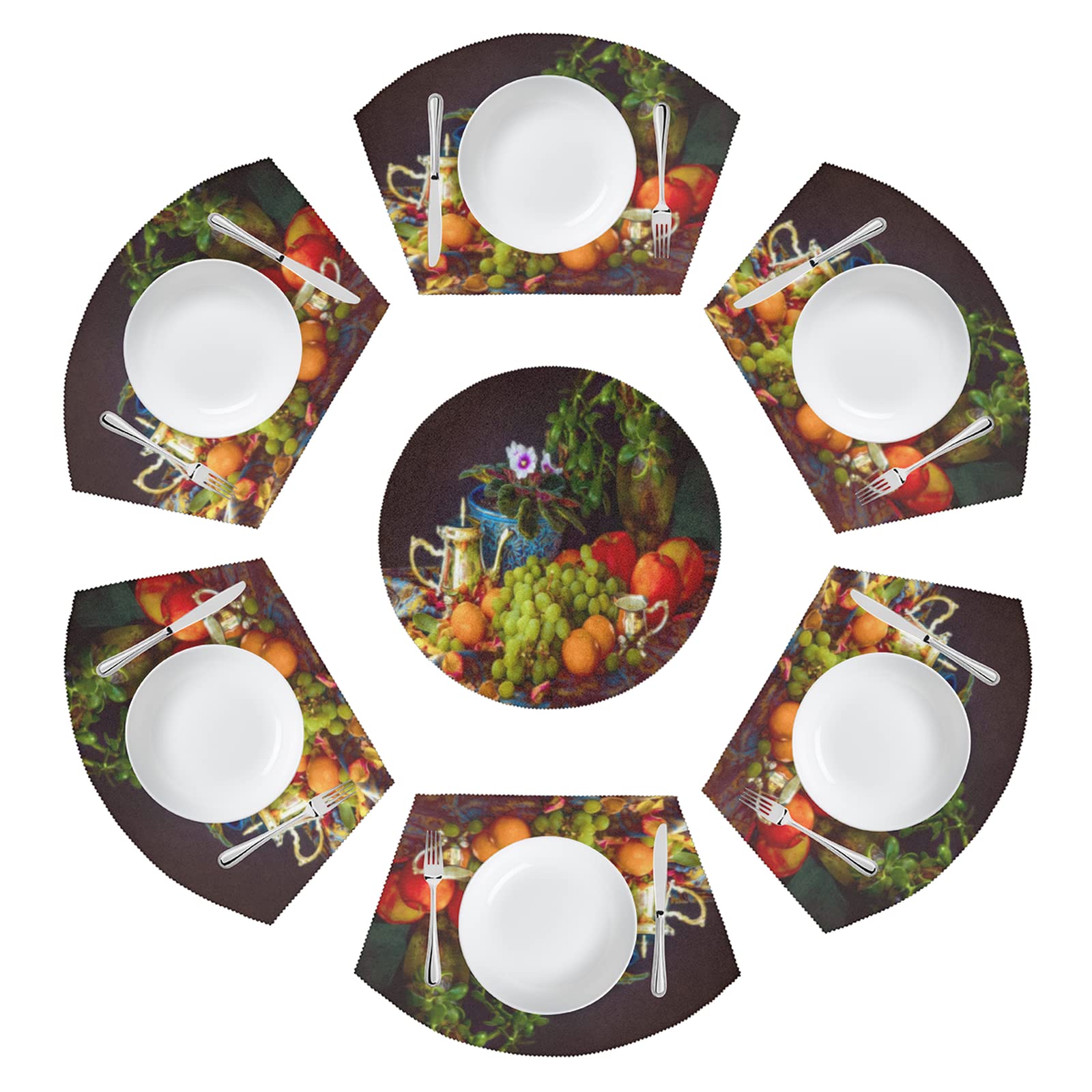 7-Piece Round Still Life Fruit Placemats Set - Heat Resistant Non-Slip Dining Table Mats with Centerpiece for Indoor/Outdoor Use - Perfect for Family Dinners, Picnics, and Party Decorations
