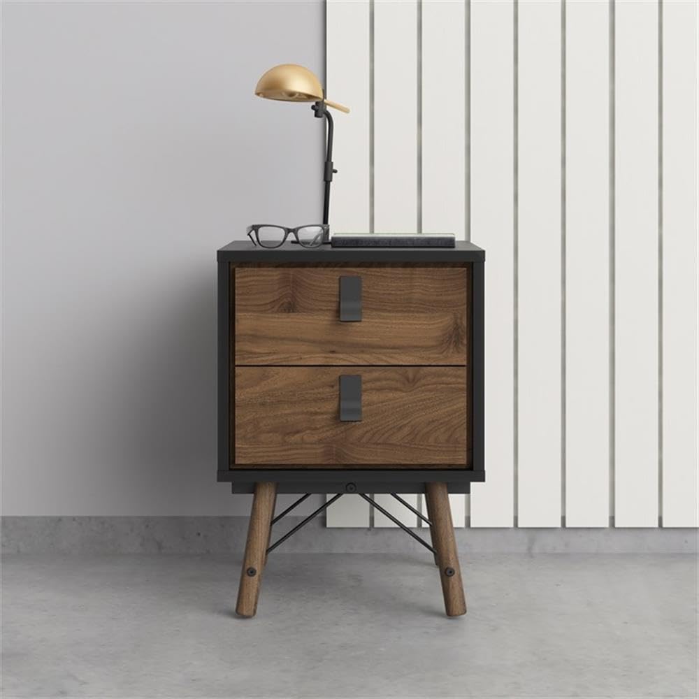 Tvilum Black Matte and Walnut 2-Drawer Nightstand - Modern Bedside Table for Bedroom, Living Room, or Guest Room Storage