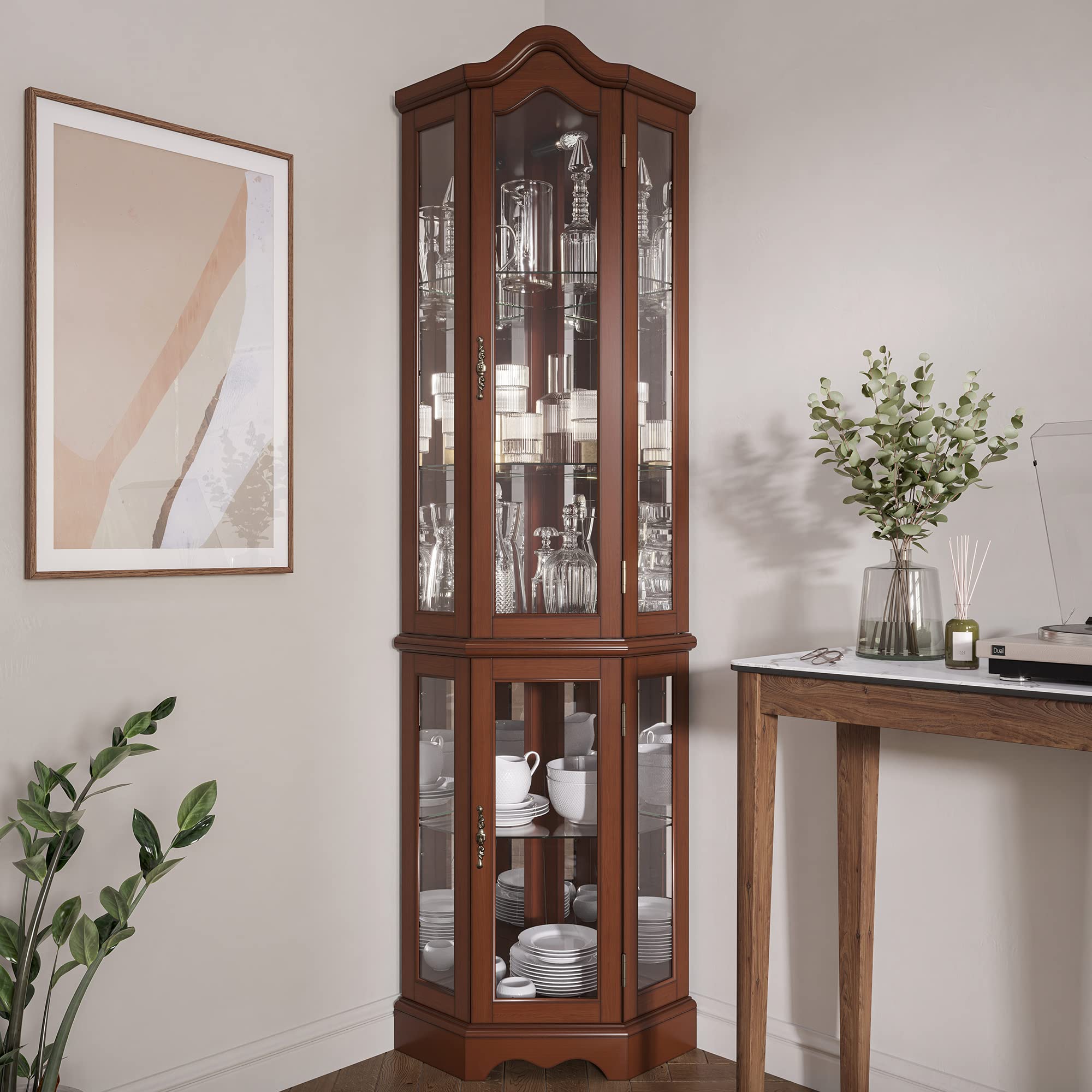 BELLEZE Wooden Curio Cabinet with LED Lights, Tempered Glass Door & 5 Adjustable Shelves - Corner Display Cabinet for Bar, Liquor Storage & Home Decor (Walnut, Loraine Collection) | Perfect for Living Room, Dining Room & Home Office Display