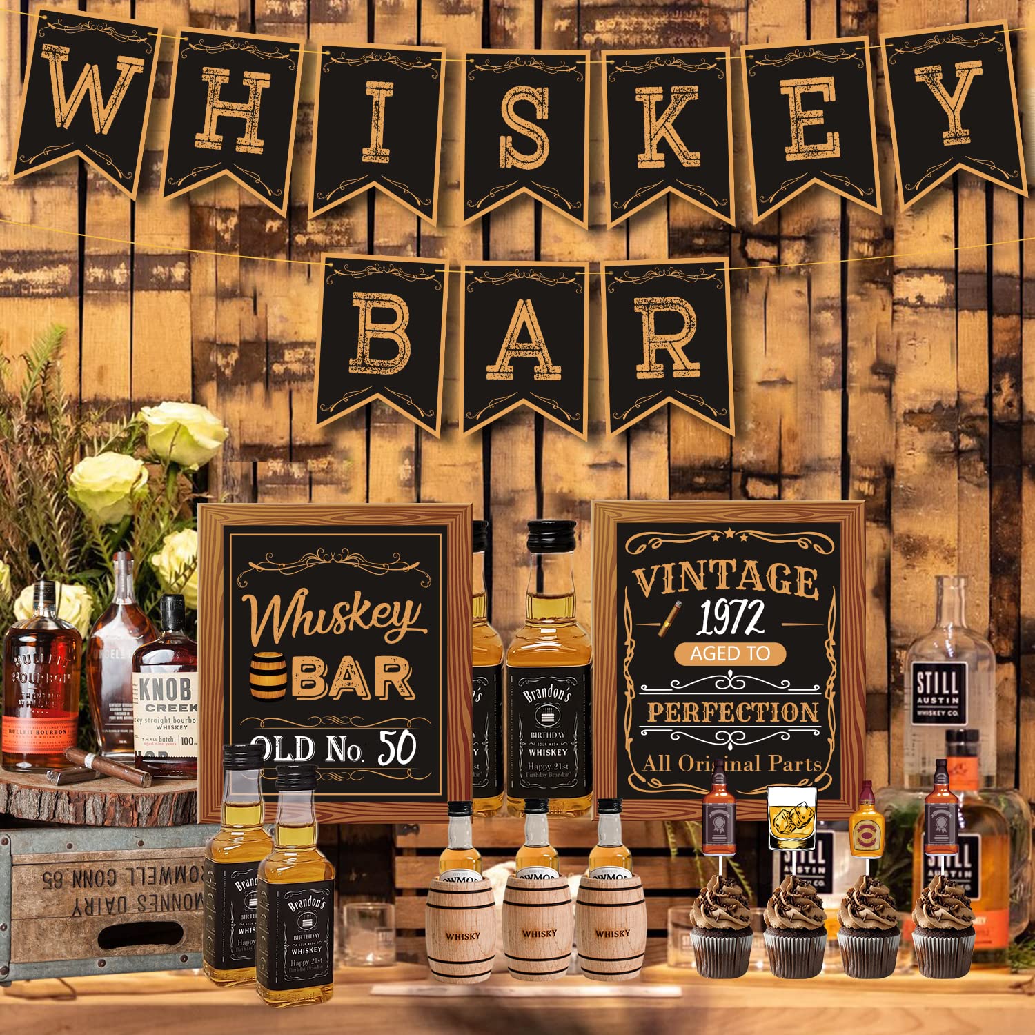 Whiskey Bar Decor Kit - DIY Aged Whiskey Bar Sign & Cake Toppers for Men's 30th 40th 50th Birthday Party Supplies | Perfect for Whiskey Themed Celebrations, Home Bars & Man Cave Decorations