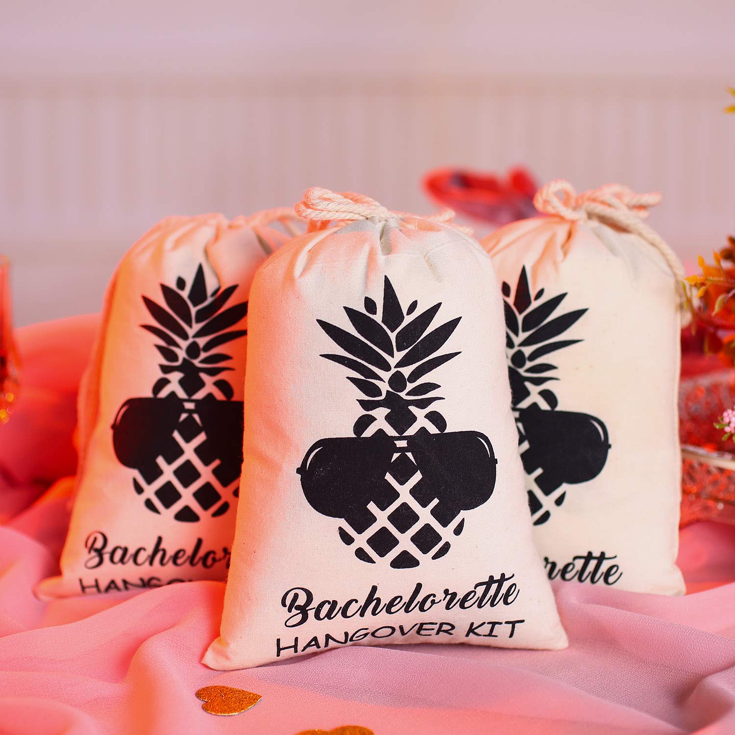 SHERWAY Pineapple Bachelorette Party Favor Bags - Wedding Survival Kit & Hangover Recovery Drawstring Pouches (Beige, 5x7 Inches, 10 Pack) - Perfect for Bridal Showers, Bachelor Parties & Wedding Guest Gifts