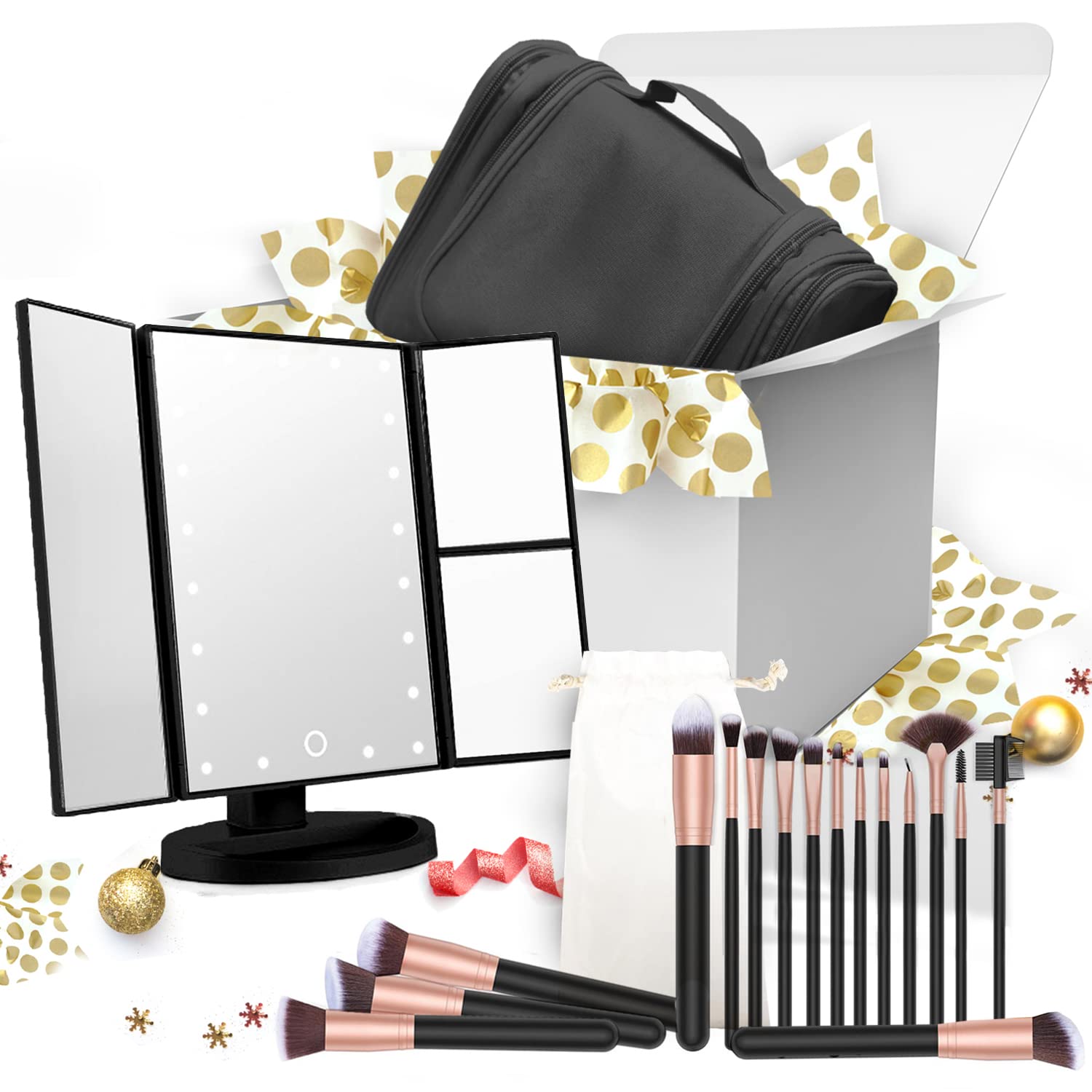 21-Piece Makeup Brush Set with Hanging Toiletry Bag & LED Vanity Mirror - Perfect Travel Cosmetic Organizer for Women | Ideal Gift for Girlfriend, Mom, Birthday & Holidays | Home & Travel Beauty Essentials
