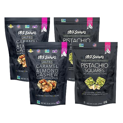 180 Snacks Bundle - Himalayan Salt Pistachio Squares & Salted Caramel Almond Cashew Mix - Healthy Bite-Size Non-GMO, Dairy-Free, Gluten-Free Snacks for Kids & Adults - EBT Eligible - Perfect for Office, Travel & School Lunches - 4 Pack