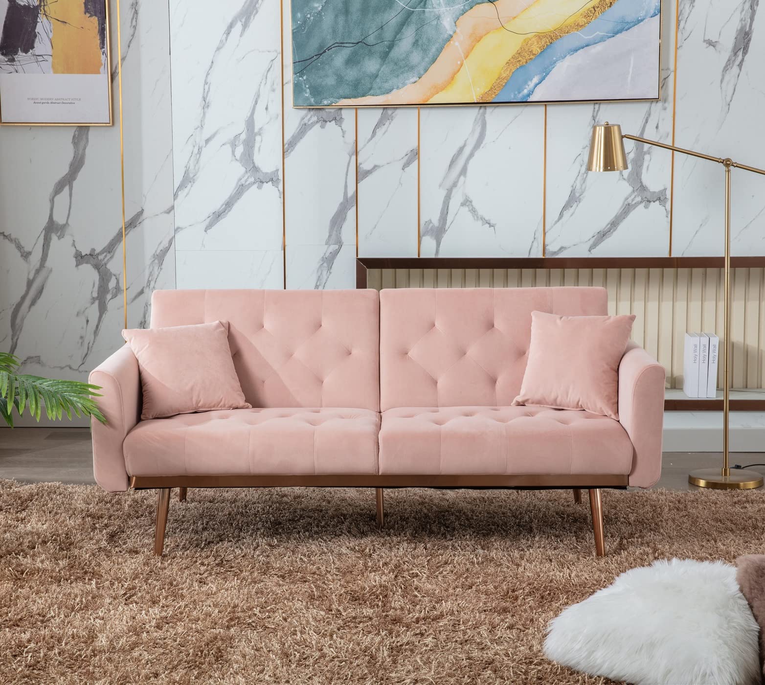 Velvet Accent Loveseat Sofa with Rose Gold Metal Legs - Convertible Sleeper Sofa Bed for Small Spaces, Pink Futon Couch with Split Back Design & 2 Pillows (63.8
