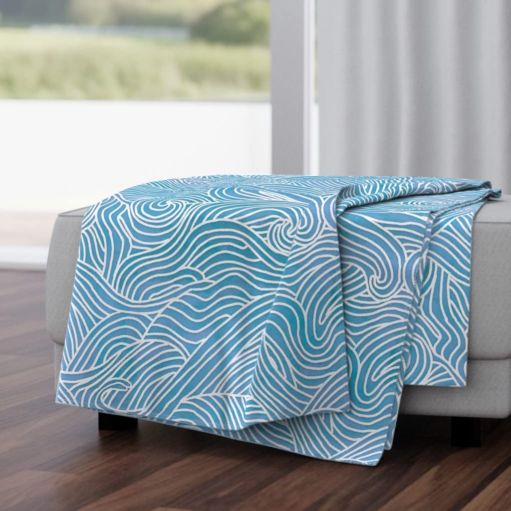 Soft Plush Minky Throw Blanket 50x70 Inches - Ocean Waves White Blue Abstract Design for Kids, Spring & Summer Use | Cozy Blanket for Bed, Sofa, Nursery & Outdoor Picnics