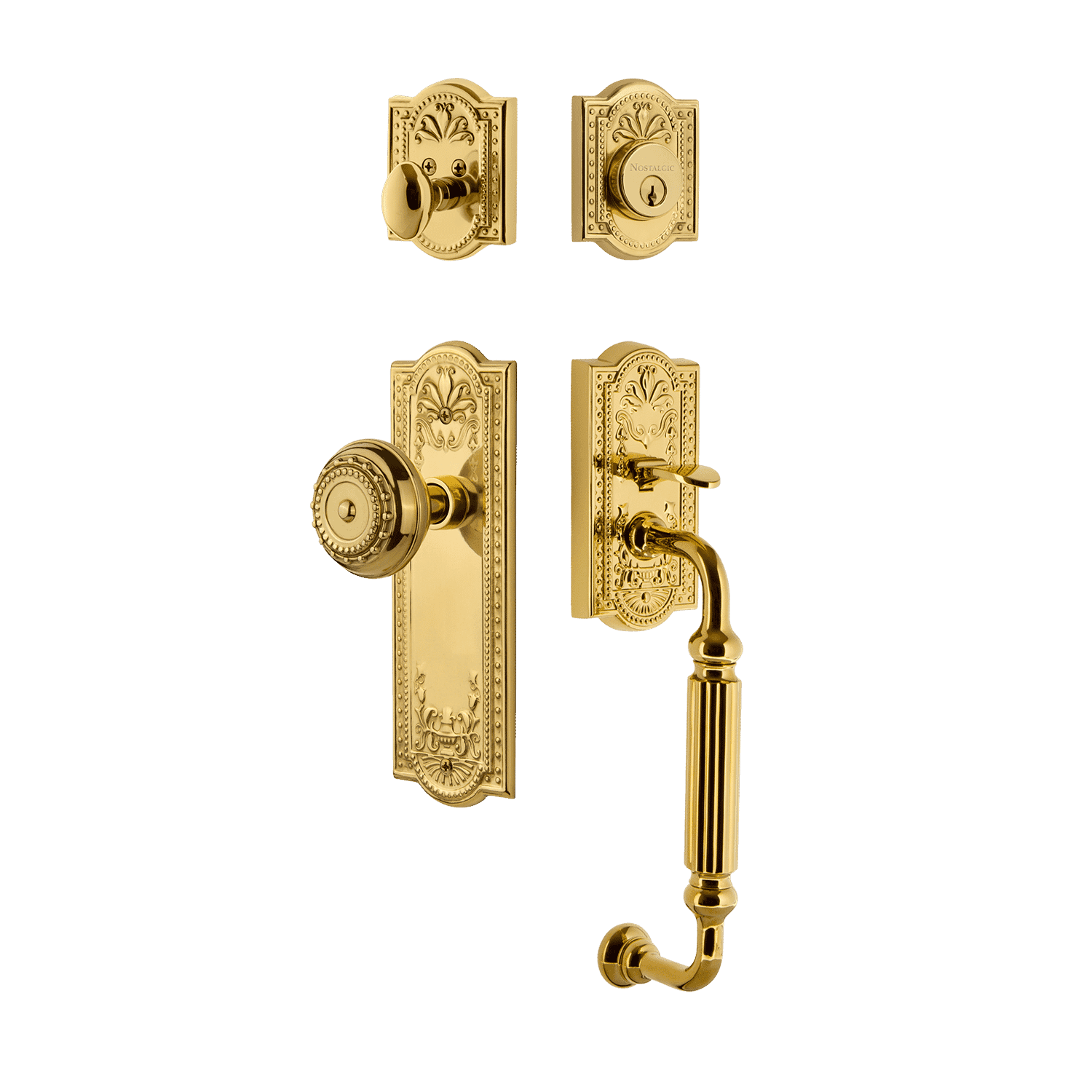 Polished Brass Meadows Handleset with F Grip & Long Plate - Vintage Style Door Knob for Home, Office & Cabinet Doors - Perfect for Interior & Exterior Use