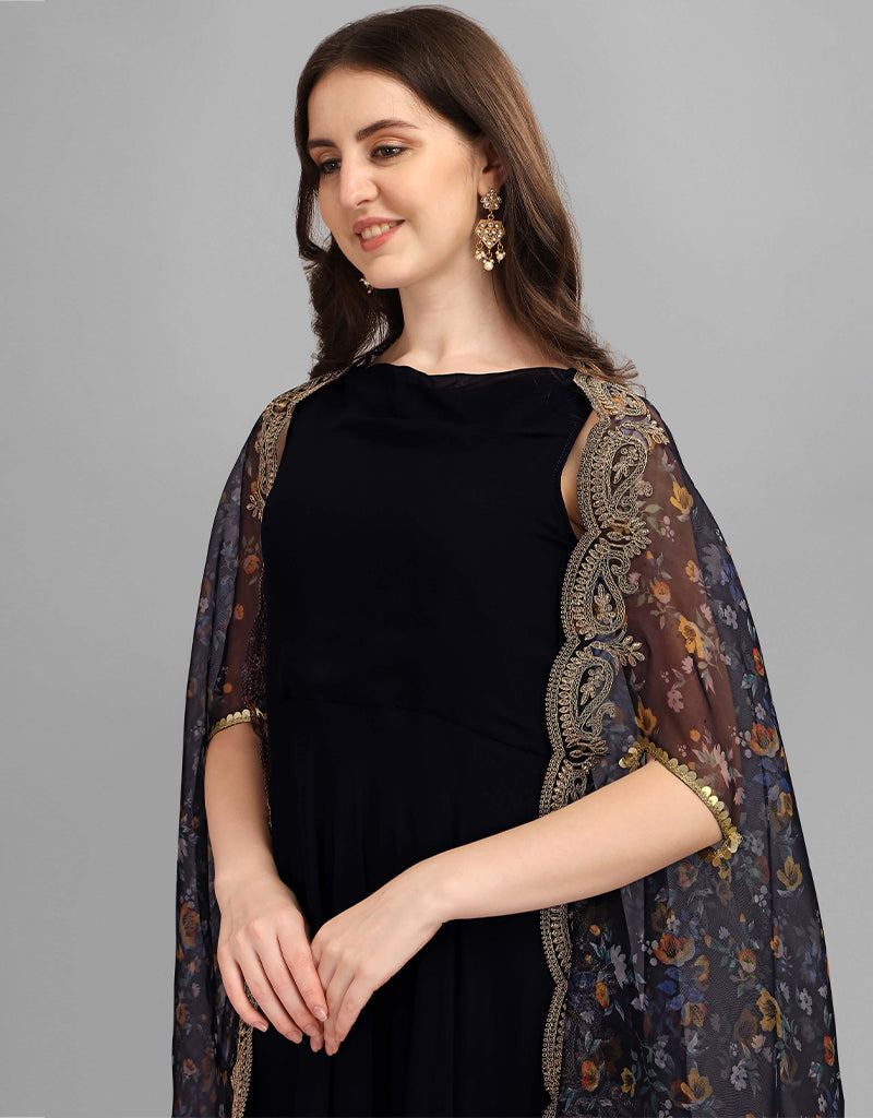 Elegant Black Georgette Gown for Women - Designer Party Dress for Evening Events, Weddings & Special Occasions