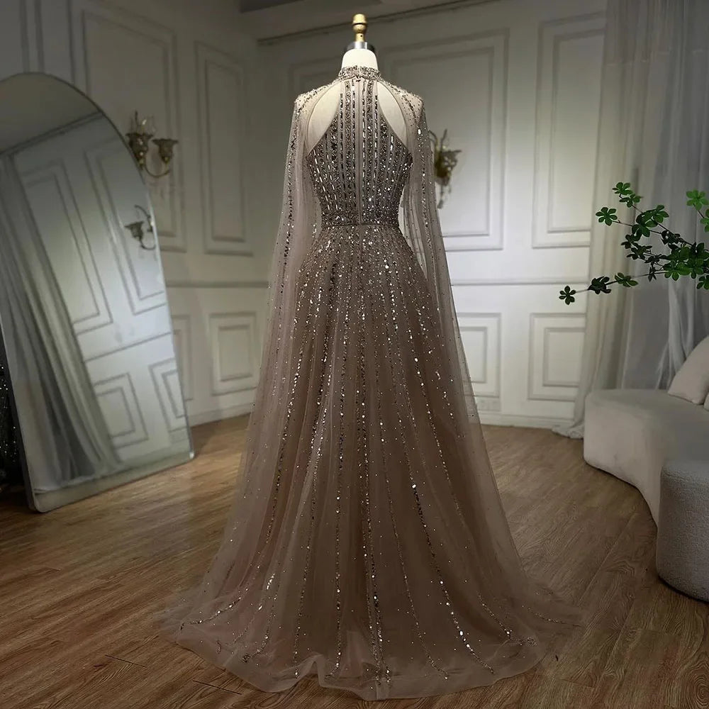 Elegant Arabic Turquoise A-Line Cape Sleeve Beaded Evening Gown for Women - Luxury Dubai Wedding Party Dress LA72306A | Perfect for Formal Events, Galas & Special Occasions