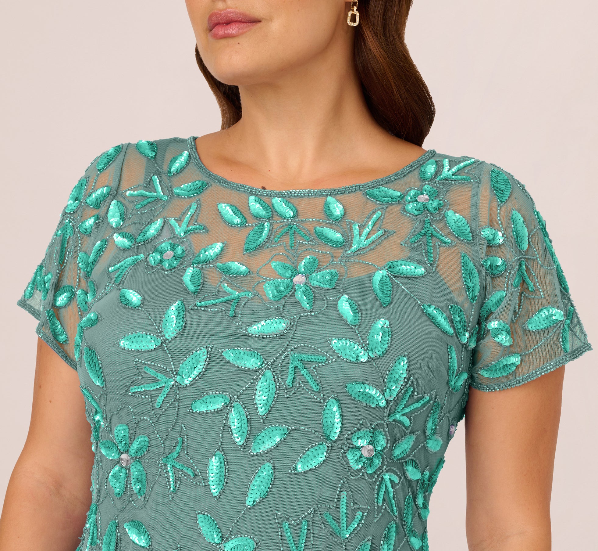 Plus Size Hand Beaded Short Sleeve Floral Godet Gown in Green Slate - Elegant Formal Dress for Weddings, Parties & Special Occasions