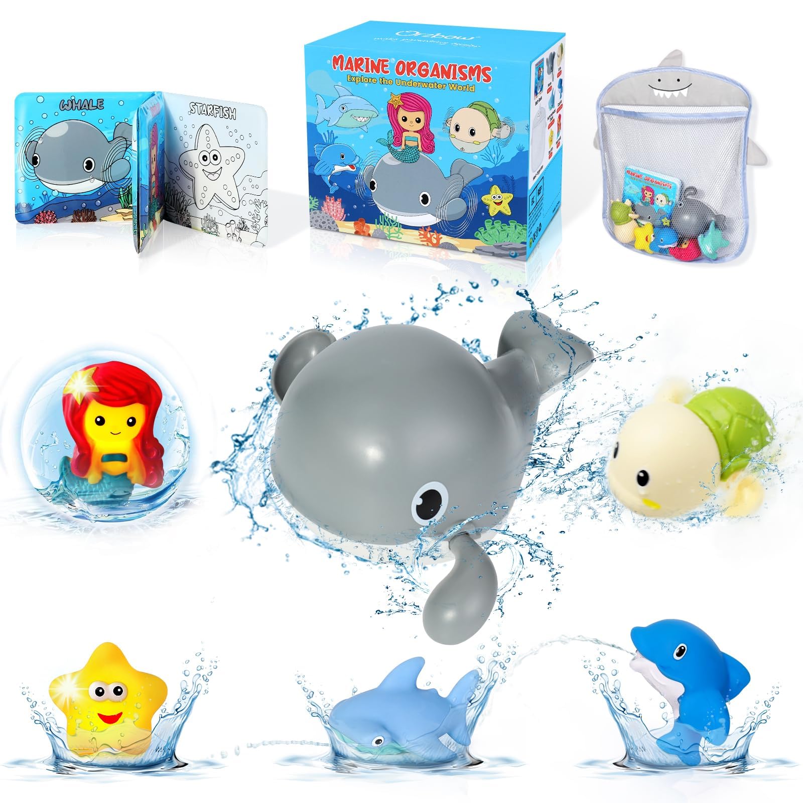 Orzbow Light Up Whale Bath Toys for Toddlers & Kids - Wind Up Water Toys for Babies 1-3 Years, Fun Spray Bathtub Toys with Bath Book & Mesh Organizer - Ocean Animal Set for Baby Pool & Bath Time Play
