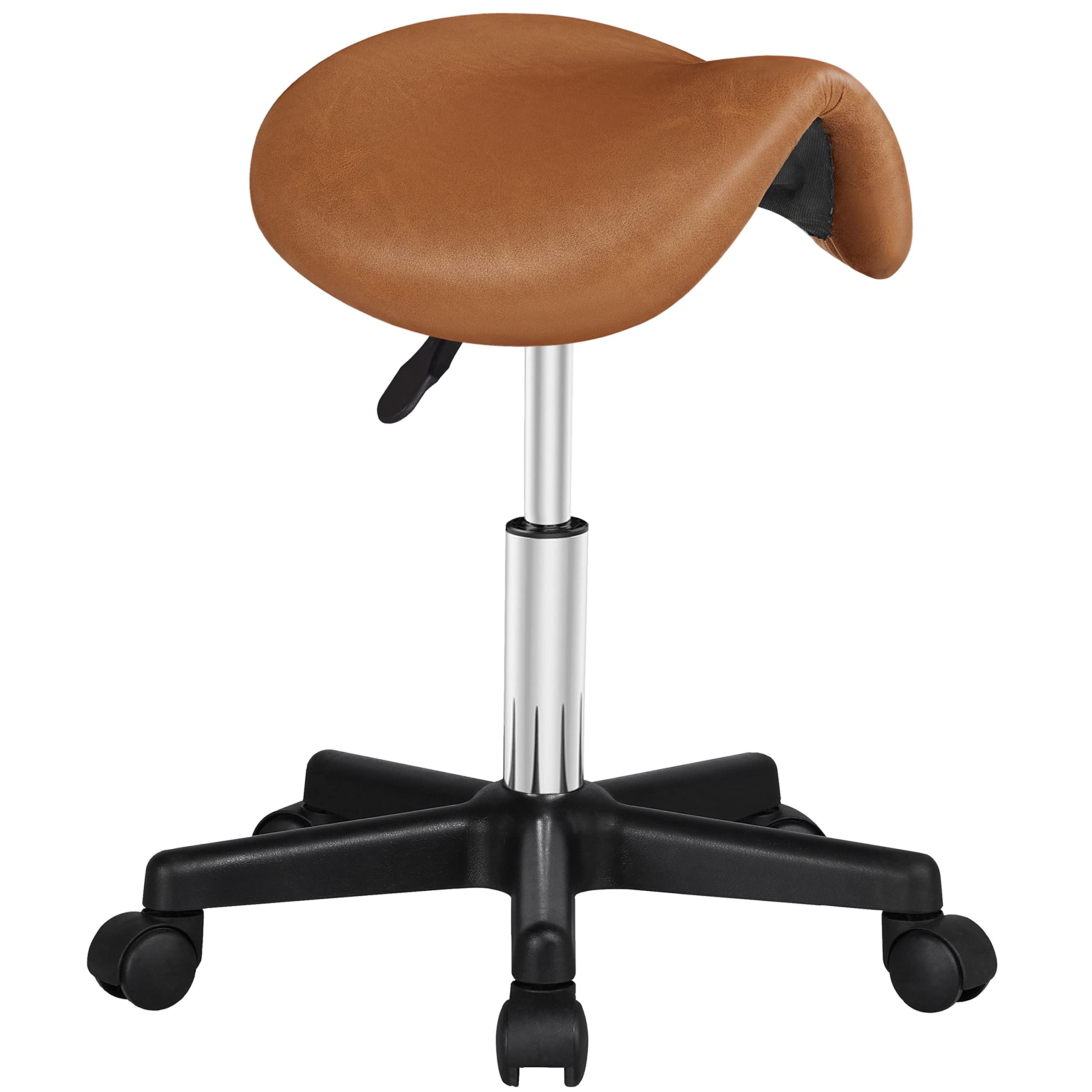 Yaheetech Adjustable Rolling Saddle Stool with Wheels - PU Leather Swivel Stool for Hair Salon, Tattoo, Massage & Lash Technicians - Retro Brown Saddle Chair for Comfortable Seating in Beauty & Barber Shops