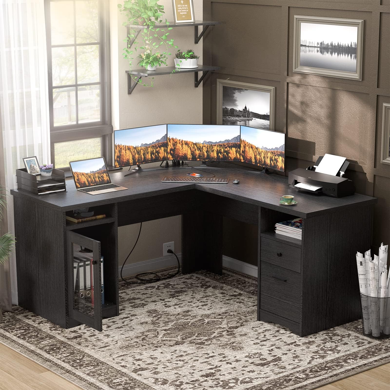 60 Inch L-Shaped Office Desk with Drawer & Power Outlet - USB Charging Port, Large Corner Computer Desk with File Cabinets & Storage - Black Executive Desk for 2 People | Perfect for Home Office, Small Spaces & Shared Workspaces