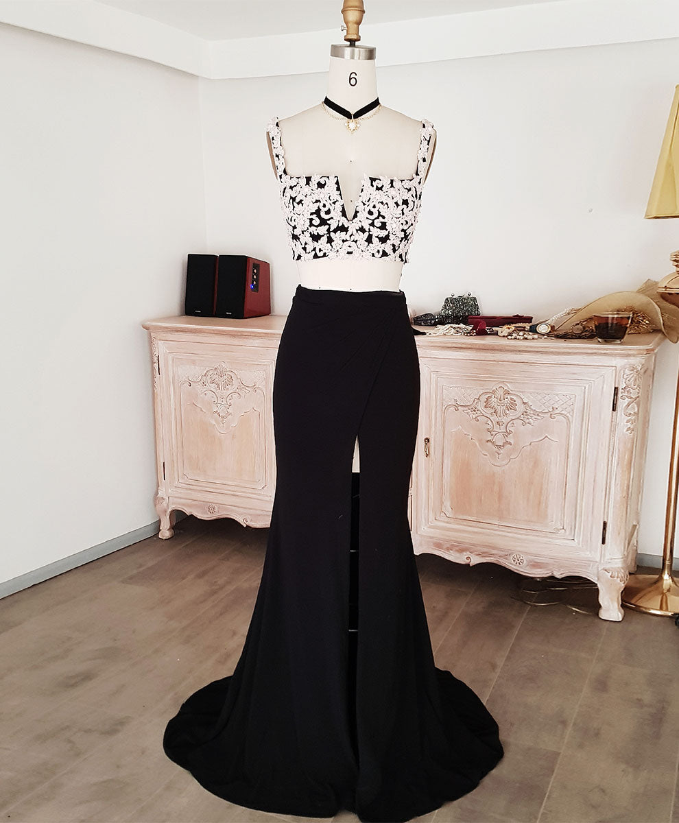 Elegant Black Lace Two-Piece Long Prom Dress with Beading - Formal Evening Gown for Homecoming, Wedding Guest & Special Occasions