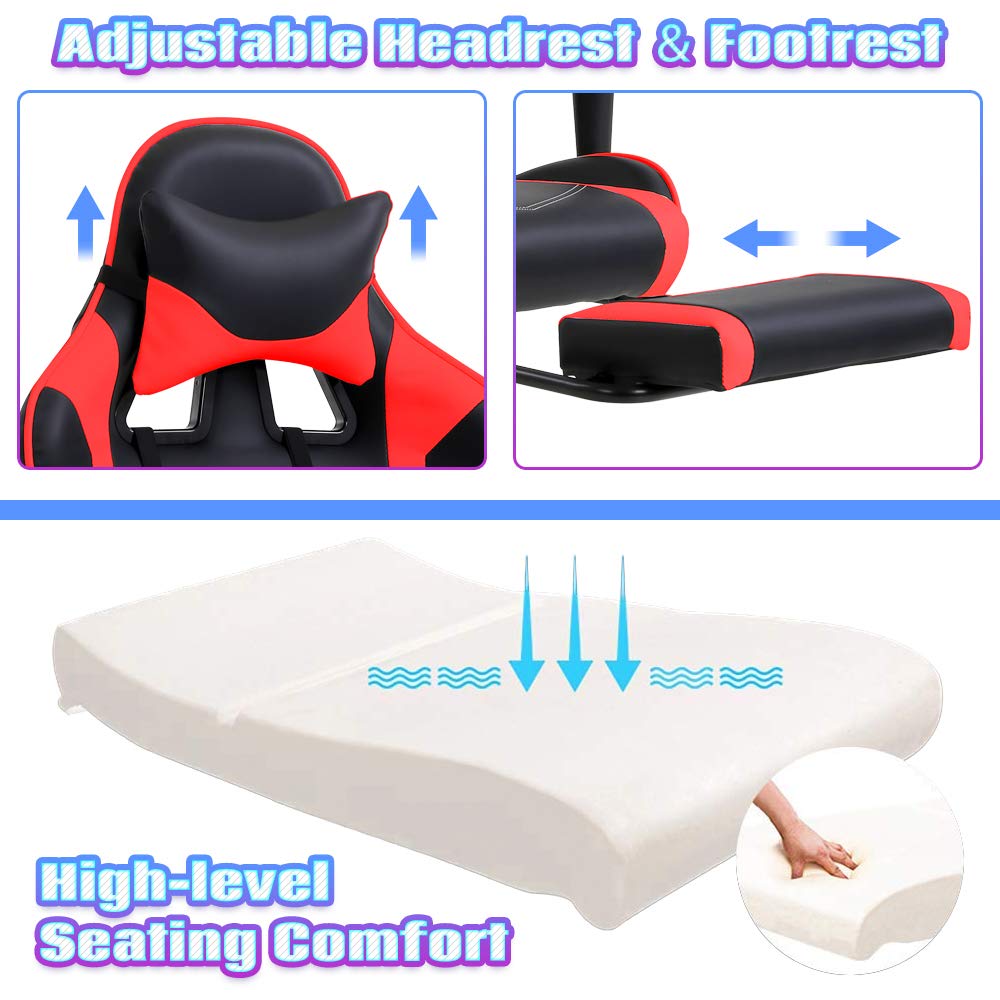 Ergonomic Red PC Gaming Chair with Massage Lumbar Support, Adjustable Racing Office Chair with Footrest & Headrest - Perfect for Home Office, Video Gaming & Streaming Setup