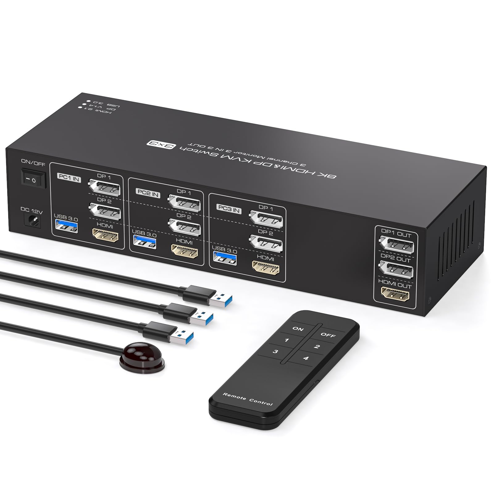 PVBCTCSID 8K 2 DisplayPort HDMI KVM Switch - 3 Monitors for 3 Computers, 4K 144Hz Triple Monitor KVM for 3 PCs, Share 3 Screens with 4 USB 3.0 Ports & Remote Control - Perfect for Gaming, Office Work & Multi-Tasking