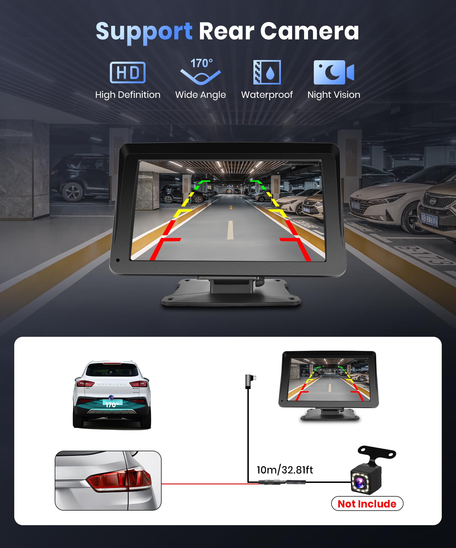 Podofo 7-inch Wireless CarPlay & Android Auto Portable Car Stereo with Bluetooth, Mirror Link, GPS, Siri, FM, AUX & Telescopic Bracket - Hands-Free Touch Screen for Safer Driving & Entertainment