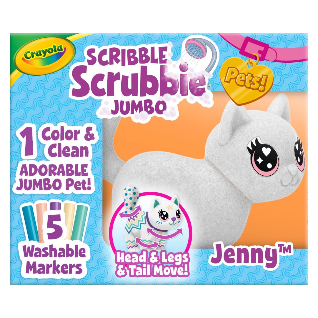 Crayola Scribble Scrubbie Jumbo - 6 Inch Large Posable Animal Toy Cat for Kids, Washable & Reusable Pet Grooming Playset - Perfect Gift for Boys & Girls | Bath Time, Pretend Play & Creative Learning Activity