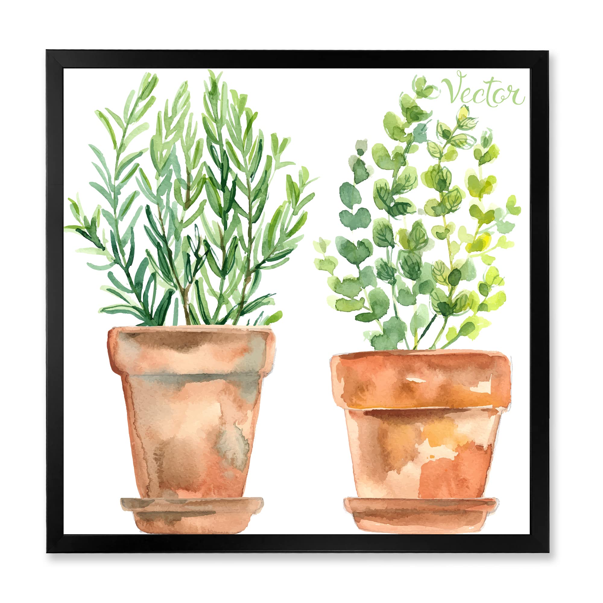 DesignQ Two Green House Plants In Orange Flower Pots - Traditional Framed Wall Art Decor for Living Room, Bedroom & Office
