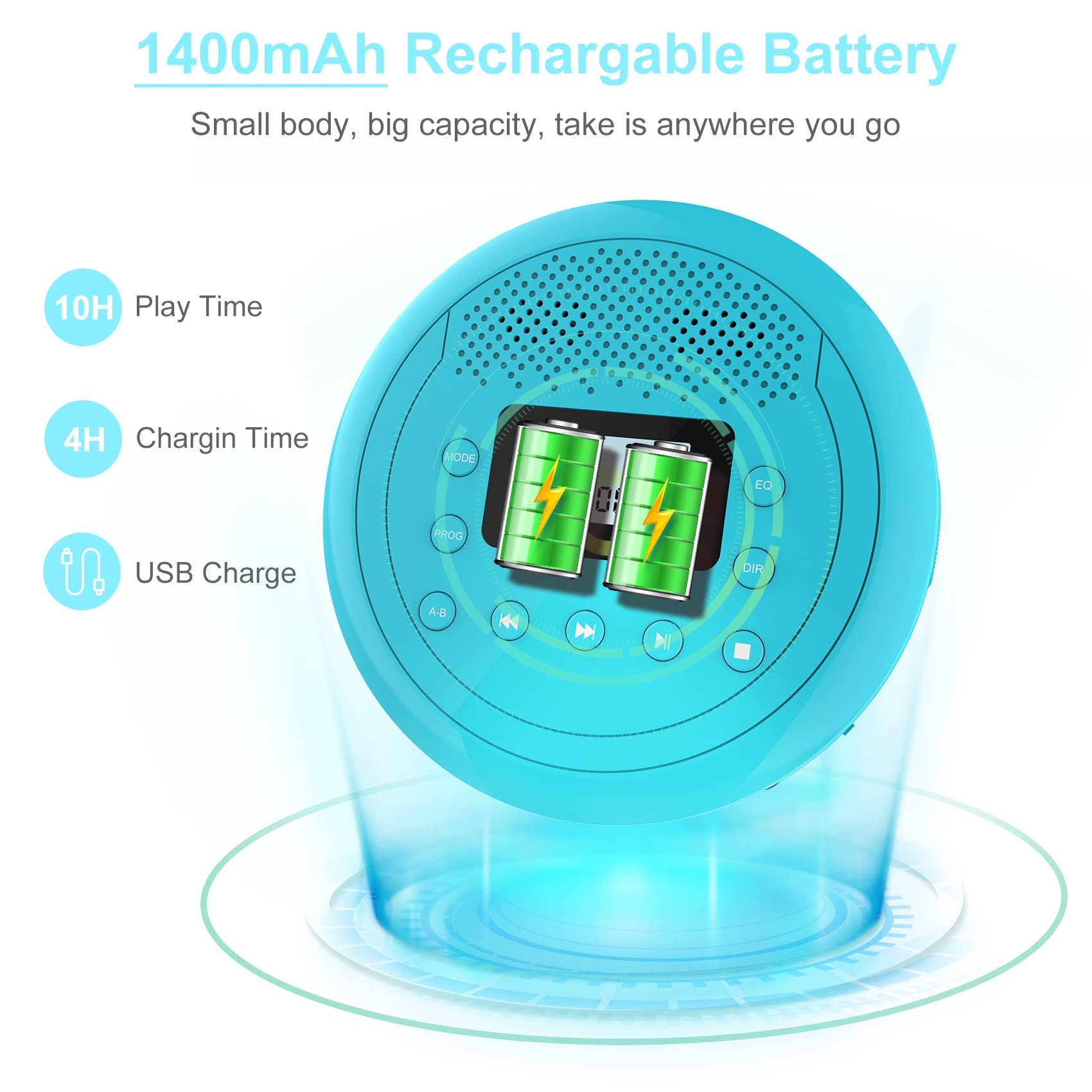 Portable Rechargeable CD Player with Built-in Speaker - Anti-Skip Walkman for Kids, Car & Home Use | Includes Headphones (Cyan-Blue) | Perfect for Travel, Commuting & Bedtime Music