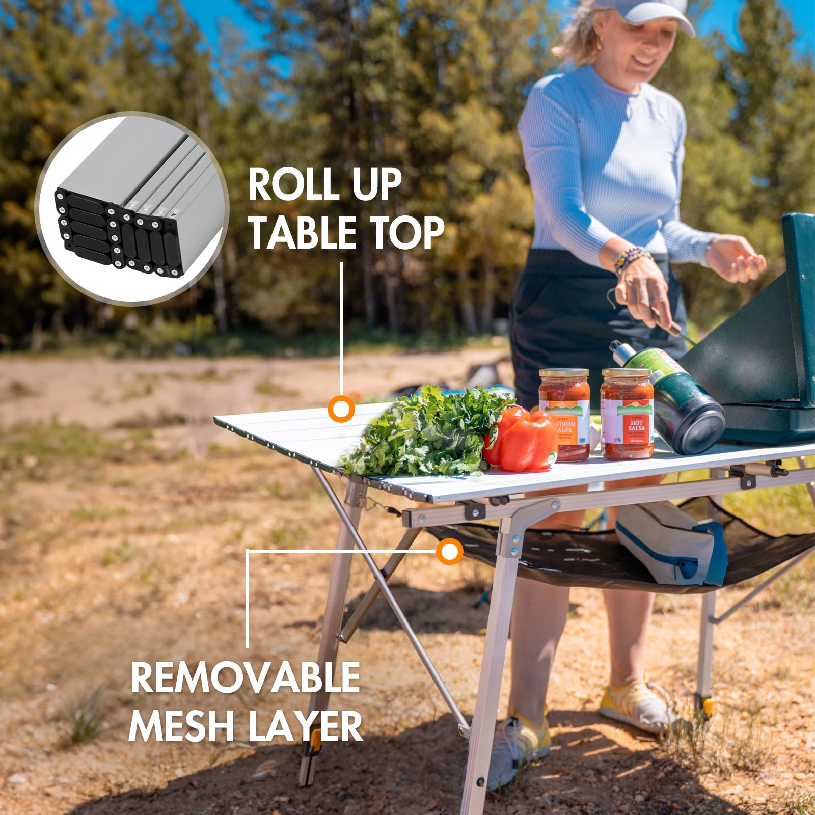 PORTAL Camping Table - Portable & Foldable Aluminum Picnic Table with Adjustable Legs & Carry Bag | Lightweight Roll Up Design for Outdoor, Beach, Backyard, BBQ, Party & Travel | Silver Large Size | Perfect for Camping Trips, Tailgating & Picnics