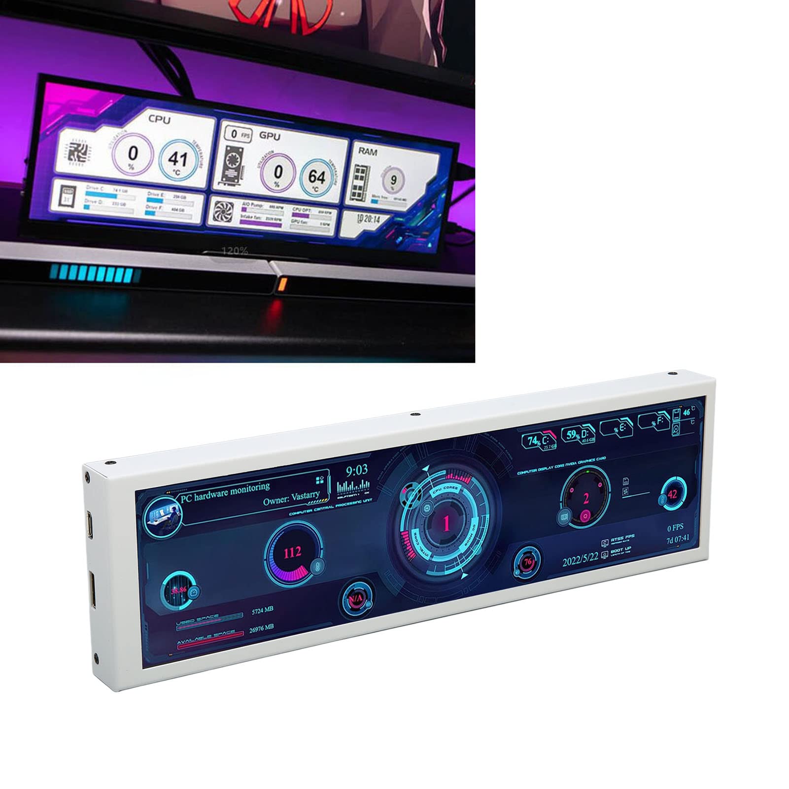 8.8 Inch LCD Display Module with USB - Desktop PC Temperature Sensor Monitor for CPU, GPU, RAM Data - Compatible with Raspberry Pi & Linux - Perfect for PC Builds, Gaming Rigs & Home Server Monitoring