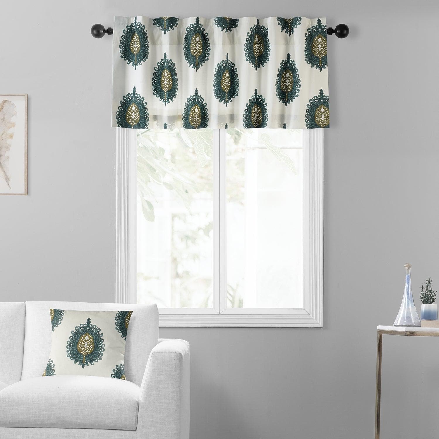 Mayan Teal Emblem Printed Cotton Window Valance - Handmade Boho Curtain Valance for Living Room, Bedroom & Kitchen Decor (36x14 Inches) - Perfect for Bohemian, Farmhouse & Eclectic Home Styling