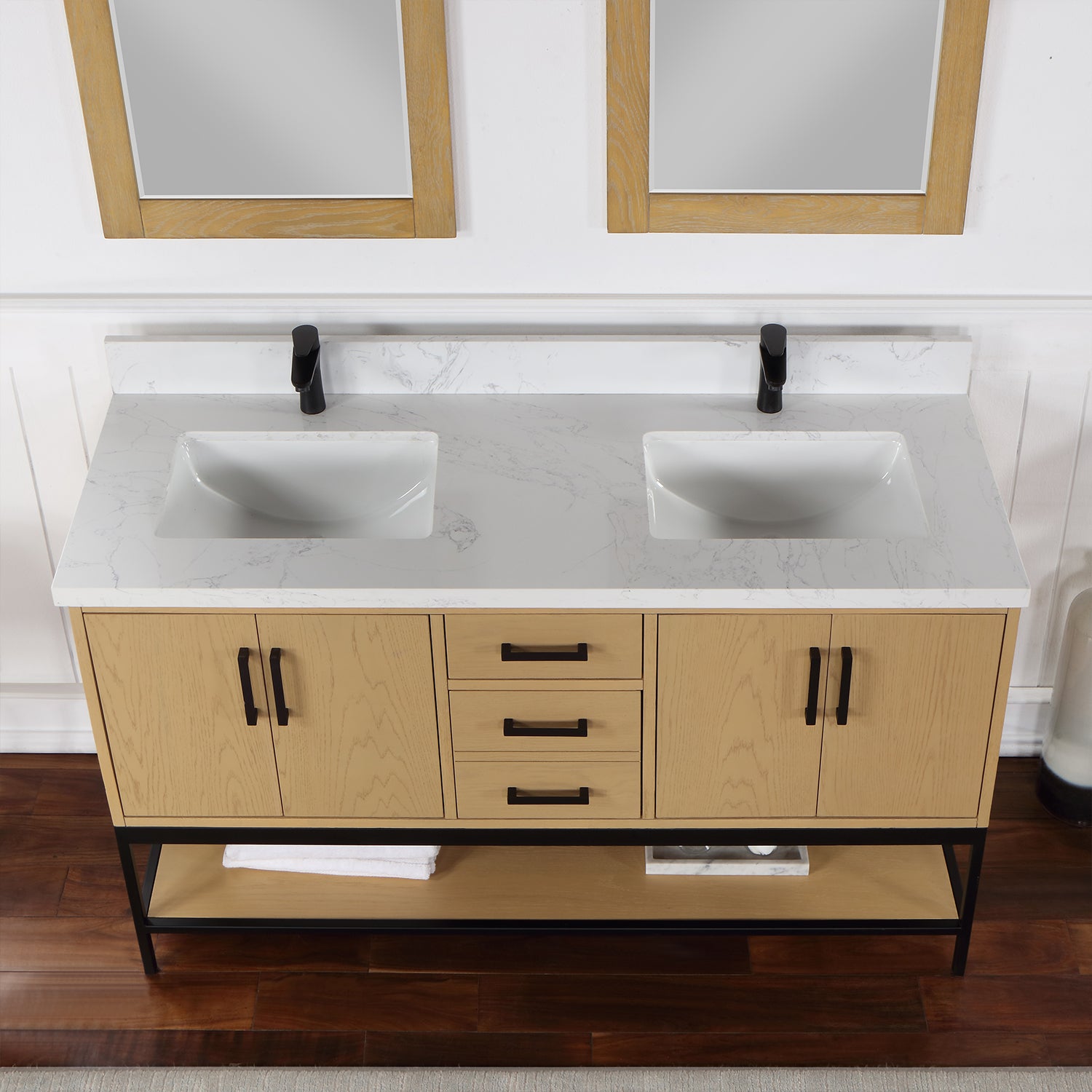 Wildy 60 Inch Double Sink Bathroom Vanity Set with White Composite Stone Countertop - Modern Farmhouse Style for Master Bath or Guest Bathroom