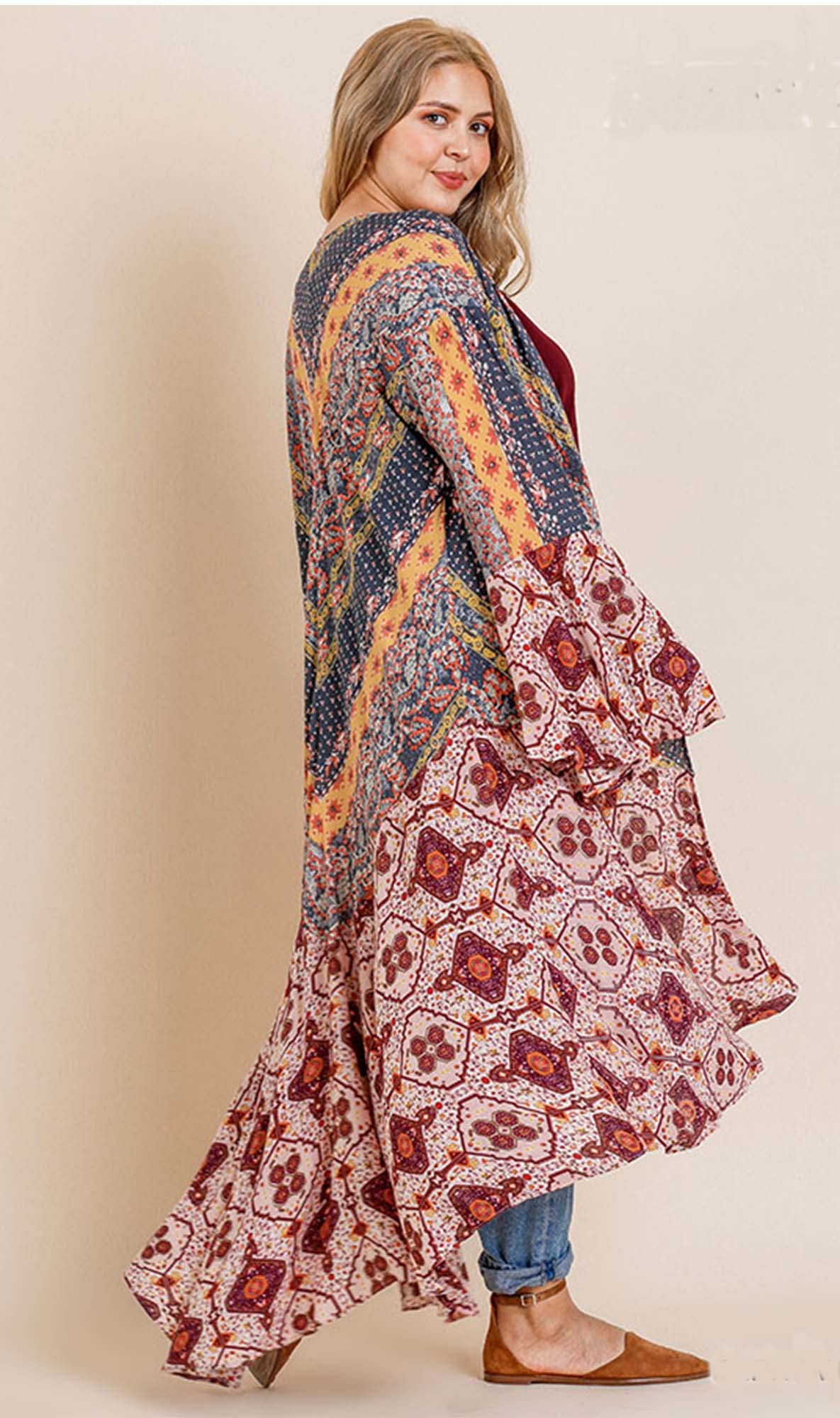Umgee Women's Ruffled Long Kimono with Multicolored Print - Boho Chic Cover Up for Beach, Pool, or Summer Outfits