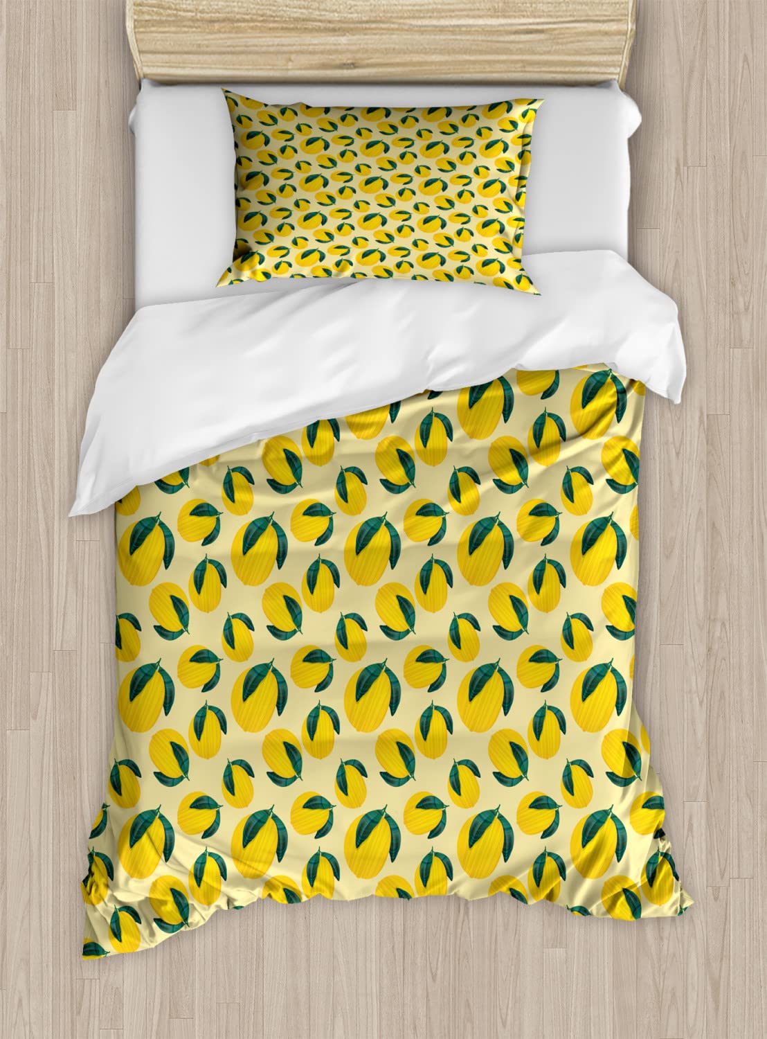 Ambesonne Garden Art Duvet Cover Set - King Size 2-Pack with Vibrant Lemon & Lime Leaf Print in Jade Green & Mustard | Includes 2 Duvet Covers & 2 Pillowcases | Perfect for Spring Bedroom Decor, Guest Room Refresh, or Bohemian Style Home