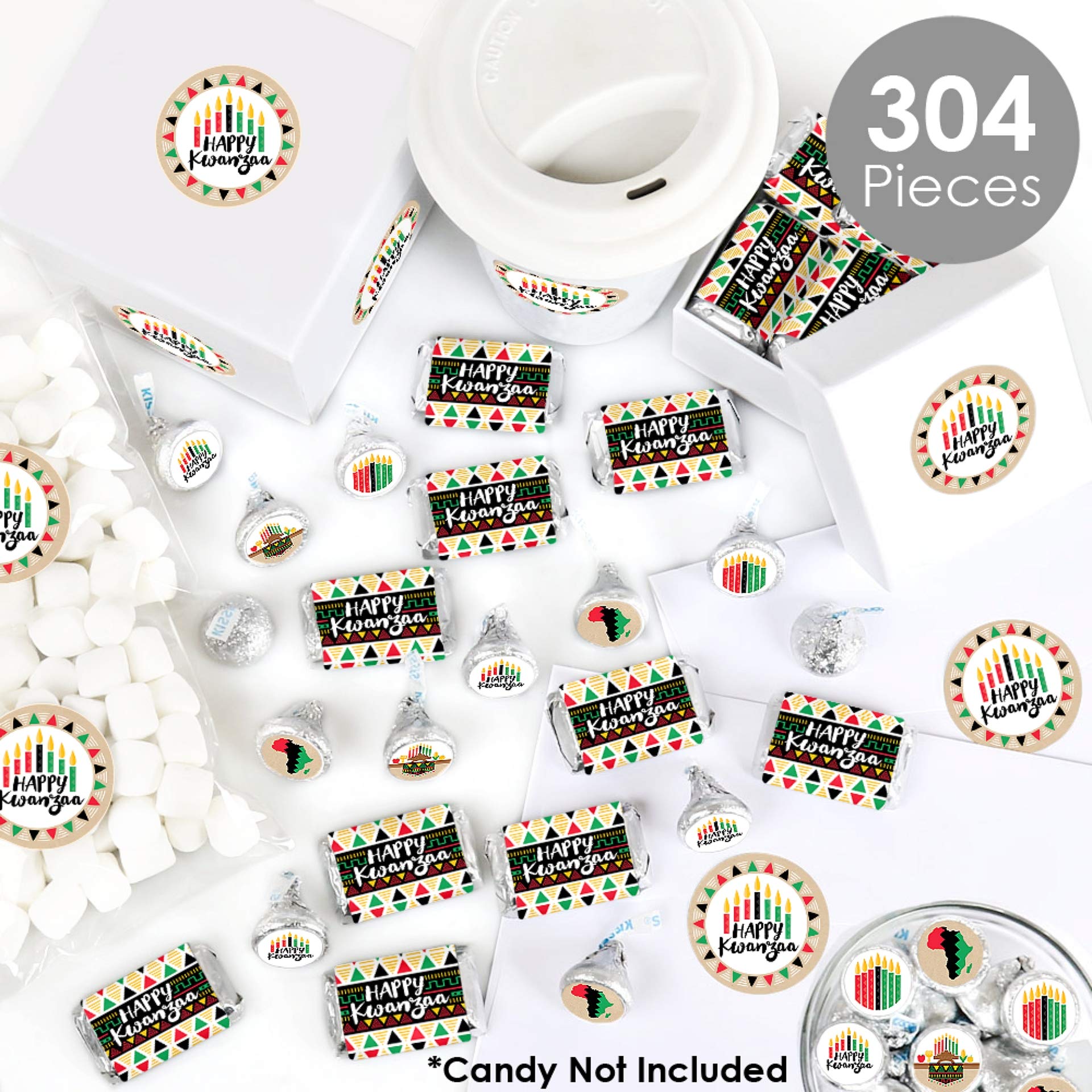 Happy Kwanzaa Candy Wrappers & Stickers Kit - 304pcs African Heritage Holiday Candy Favor Supplies with Mini Bar Wrappers & Round Stickers - Perfect for Kwanzaa Celebrations, Classroom Activities & Cultural Events