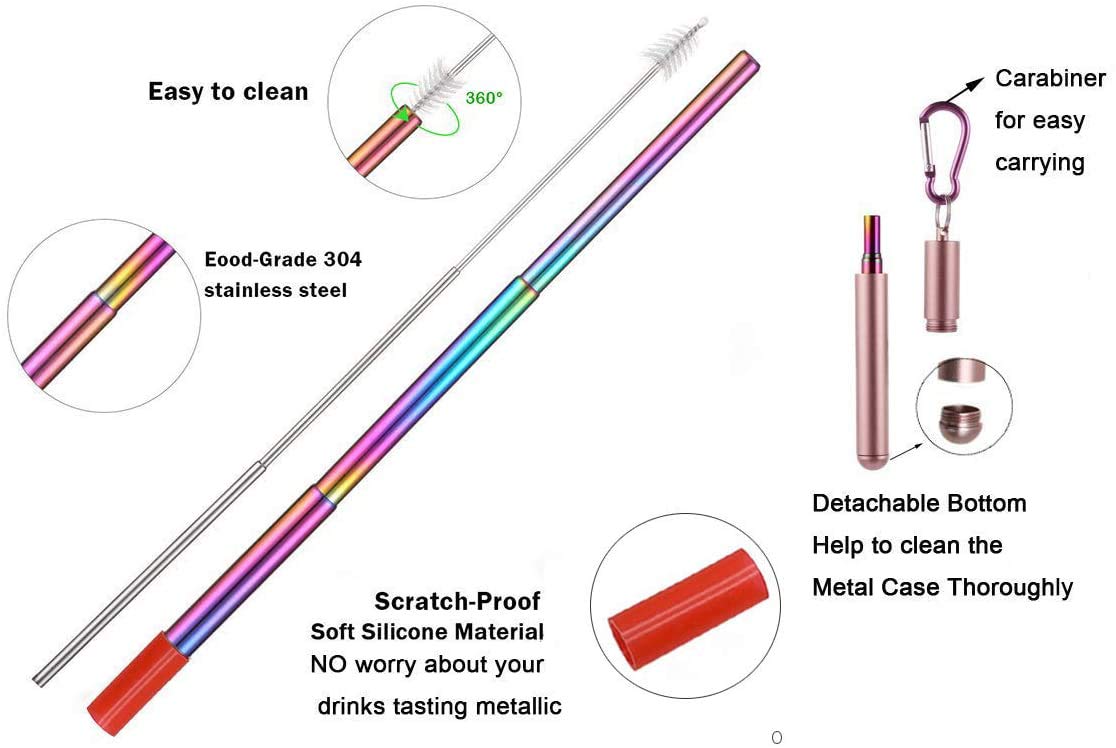 2 Pack Reusable Stainless Steel Telescopic Straws - Collapsible Metal Drinking Straw with Keychain Case & Cleaning Brush | Portable for Travel, Home, Office, Picnics & Outdoor Activities (Red & Blue)