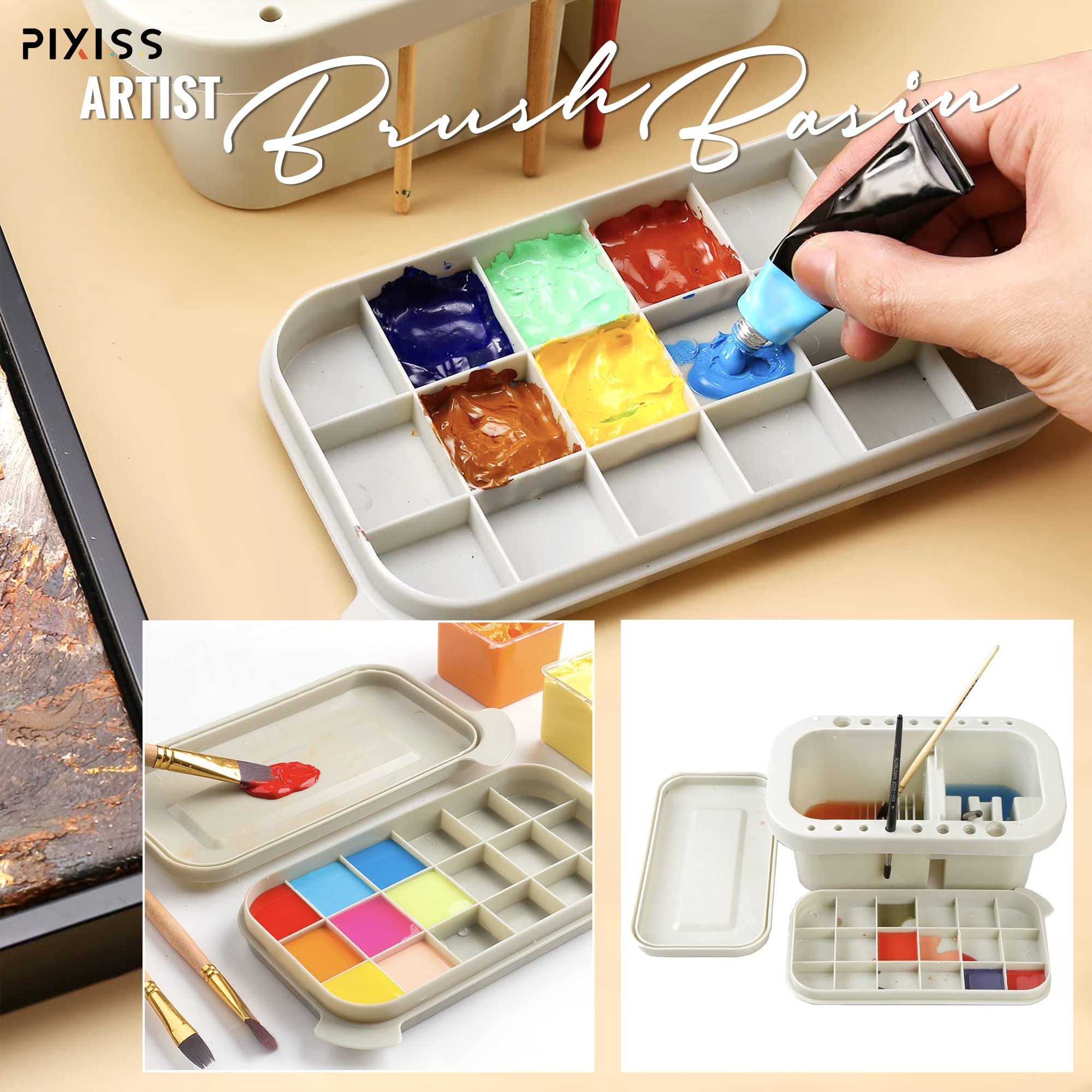 Pixiss Paint Brush Cleaner Basin - Professional Brush Rinser & Holder for Acrylic Painting with 4oz Cleaning Solution & 10 Brushes - Perfect for Artists, Hobbyists & DIY Projects