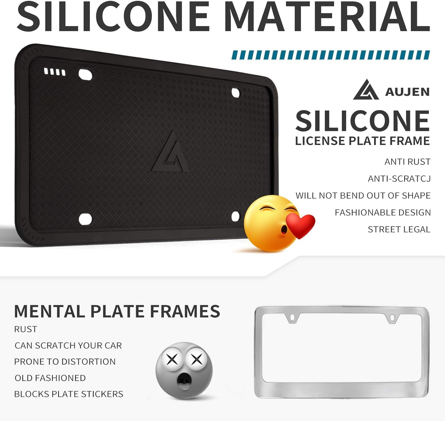 Aujen Black Silicone License Plate Frame - Rustproof Car Accessory for US Vehicles