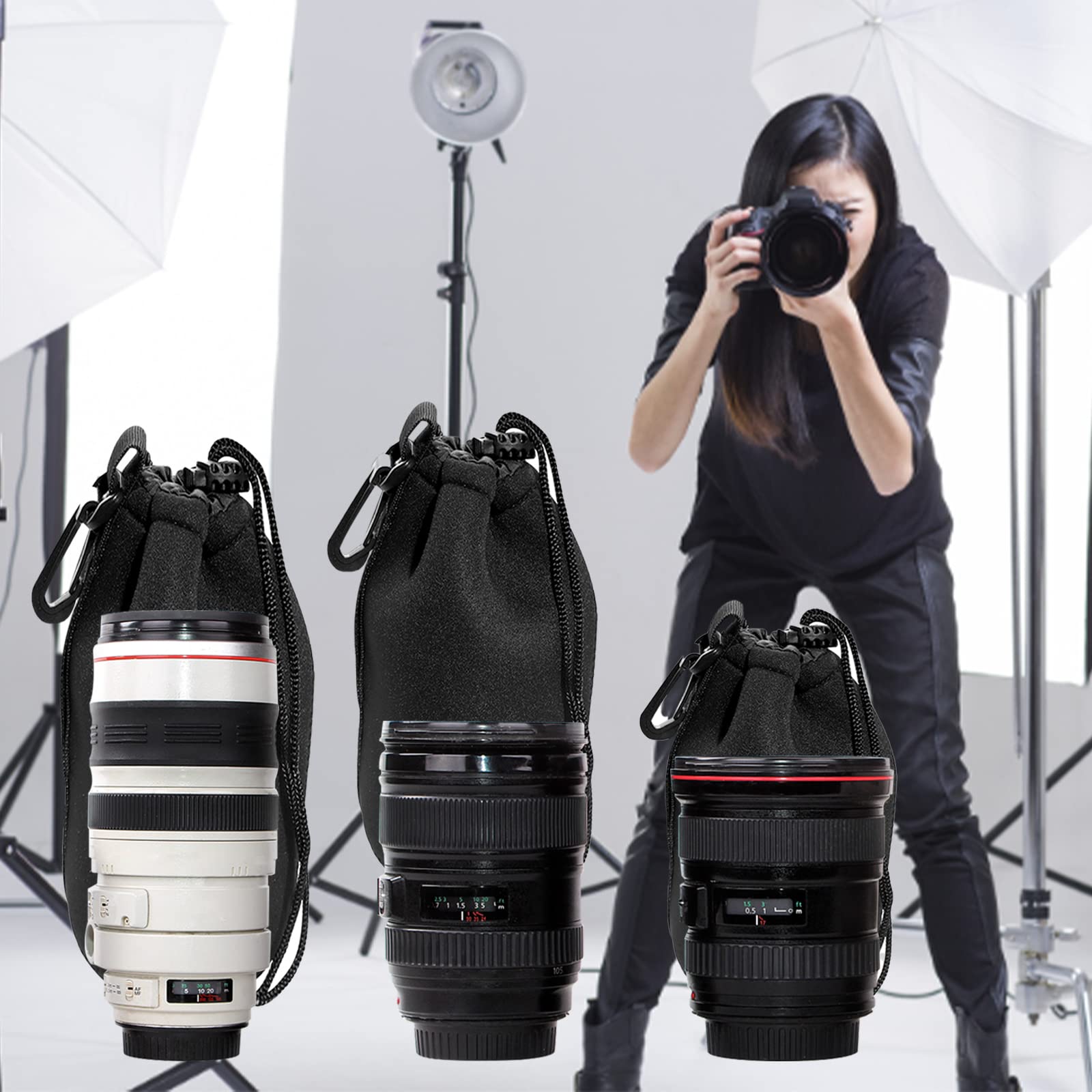 3-Pack Lens Pouch Set for Canon Nikon Sony Pentax Olympus DSLR Cameras - Small Medium Large Sizes for Travel & Photography Accessories Storage