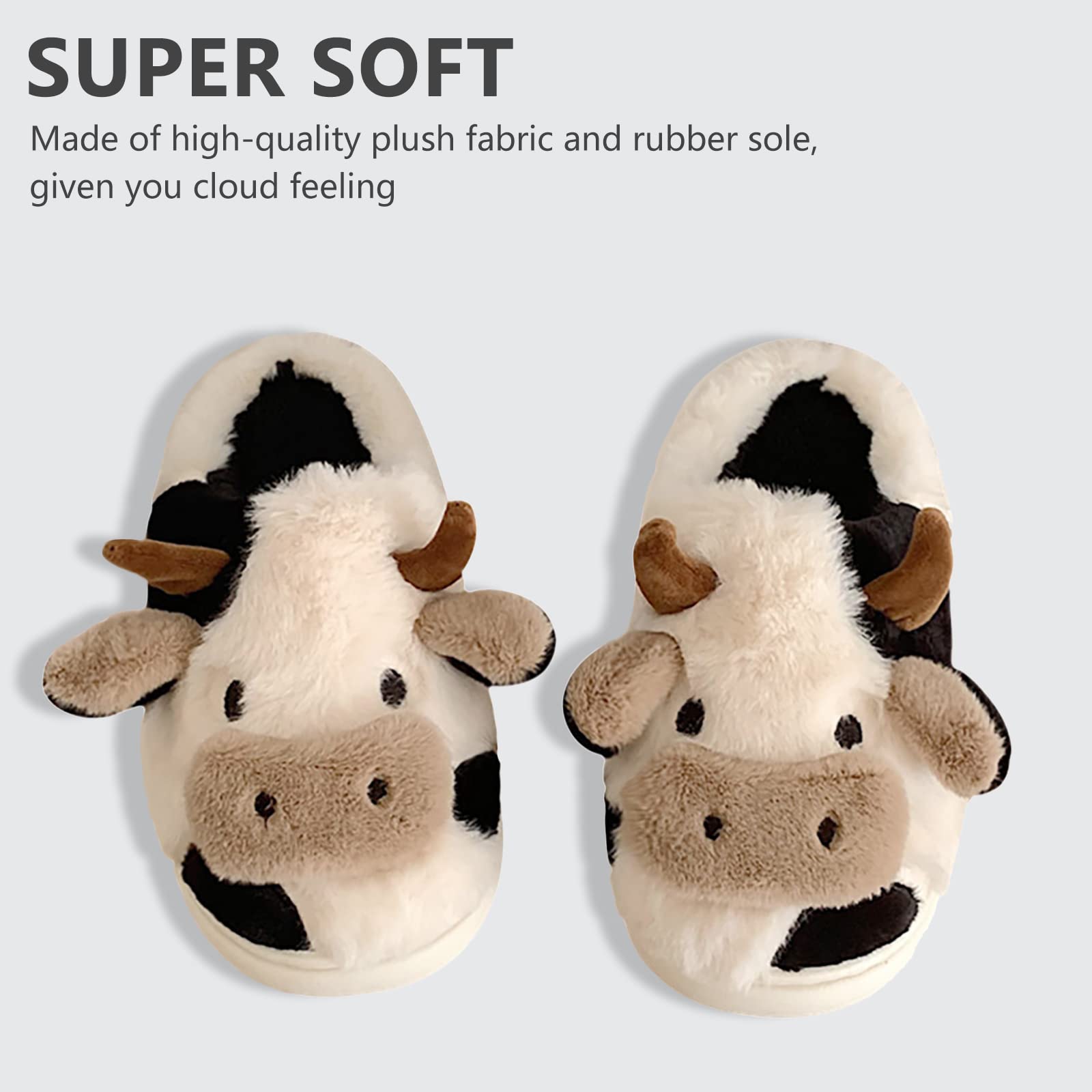 Cozy Cow Slippers for Women - Soft Fluffy Kawaii Animal Slippers with Thick Non-Slip Sole | Warm Indoor/Outdoor House Shoes for Winter, Lounge, Home, Dorm & Gift Giving
