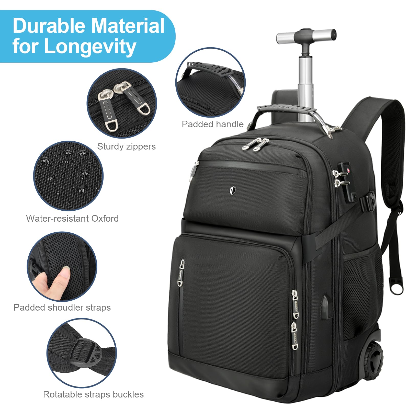 50L Anti-Theft Water-Resistant Rolling Backpack - Travel Laptop Backpack with Wheels for Business Commuting & Airplane Carry-On Luggage - Perfect for Business Trips, College Students & Daily Commute