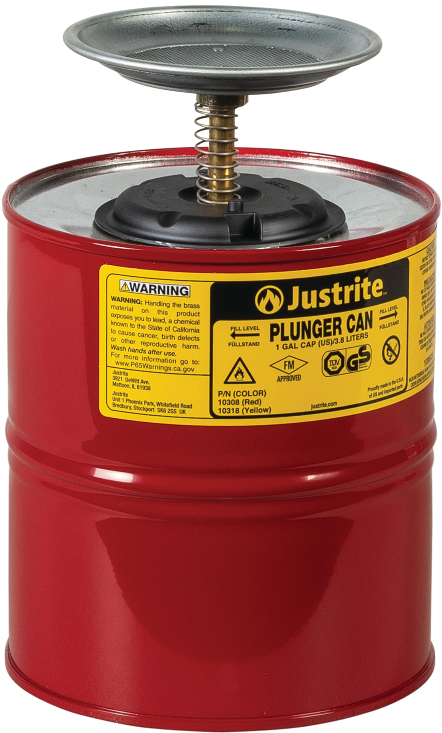 Justrite 1 Gallon Steel Push-Down Solvent Dispenser Can - Red (10308) | Made in USA | Industrial Solvent Storage & Dispensing Solution for Mechanics, Workshops & Auto Repair Shops