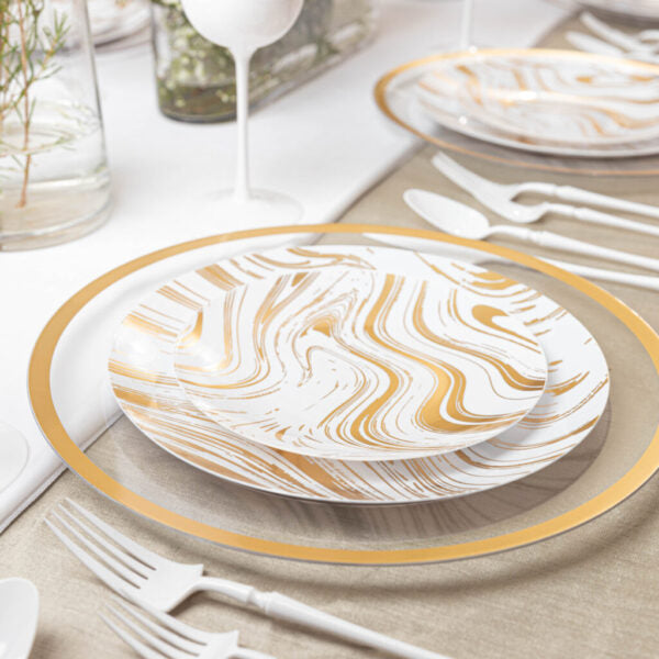 32-Piece White and Gold Round Plastic Dinnerware Set for 16 Guests - Elegant Disposable Plates, Bowls, Cups & Cutlery - Perfect for Weddings, Parties, Catering & Outdoor Events