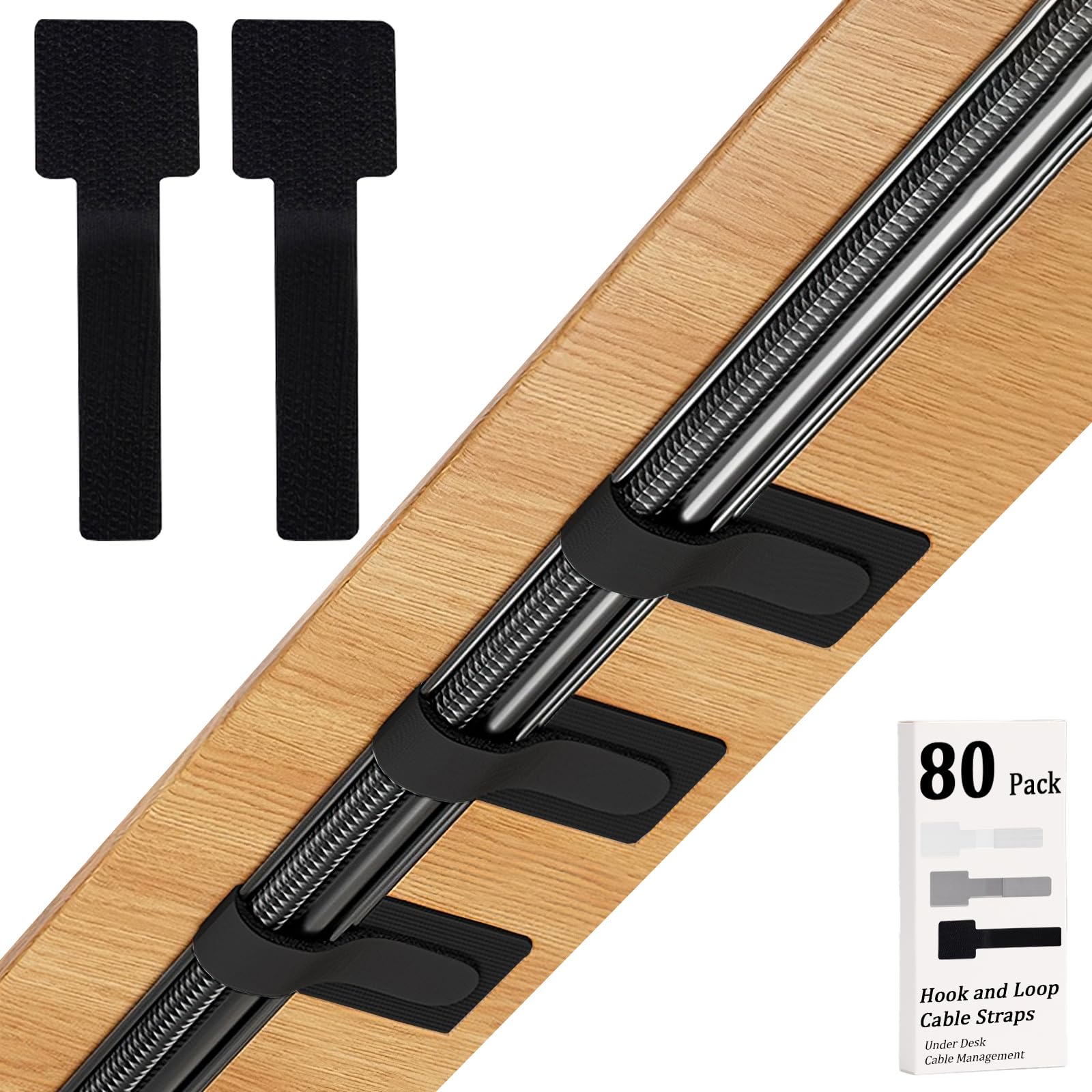 80PCS Reusable Hook and Loop Cable Straps - Self Adhesive Wire Organizers for Desk Cable Management, Adjustable Cord Ties for Home Office, Computer, TV & Electronics (Black) - Perfect for Under Desk Organization and Neat Wire Arrangement