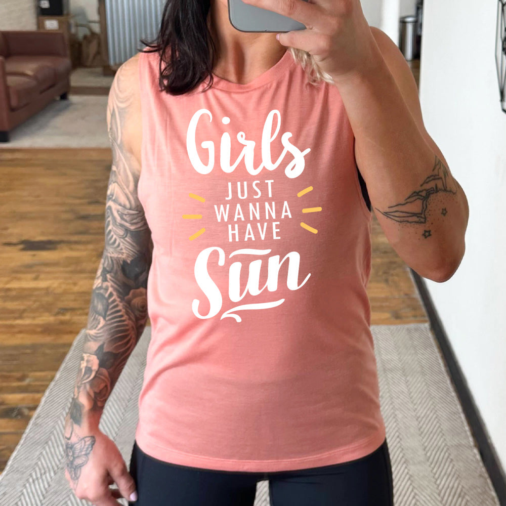 Girls Just Wanna Have Sun Muscle Tank Top - Women's Sleeveless Casual Summer T-Shirt for Beach, Gym, and Outdoor Activities