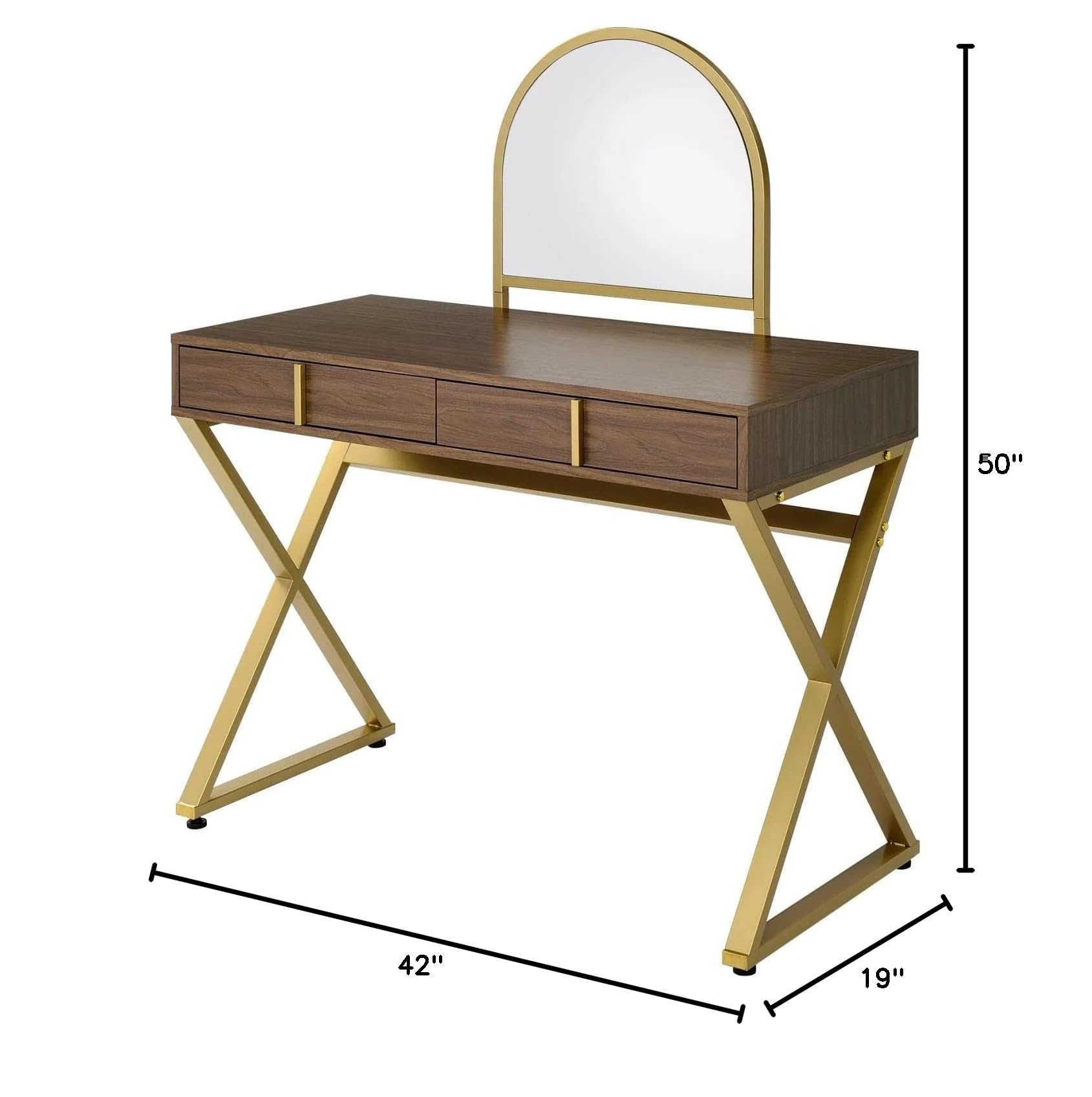 Acme Coleen Vanity Desk in Walnut & Gold Finish - Elegant Dressing Table with Mirror for Bedroom Makeup & Skincare Routine
