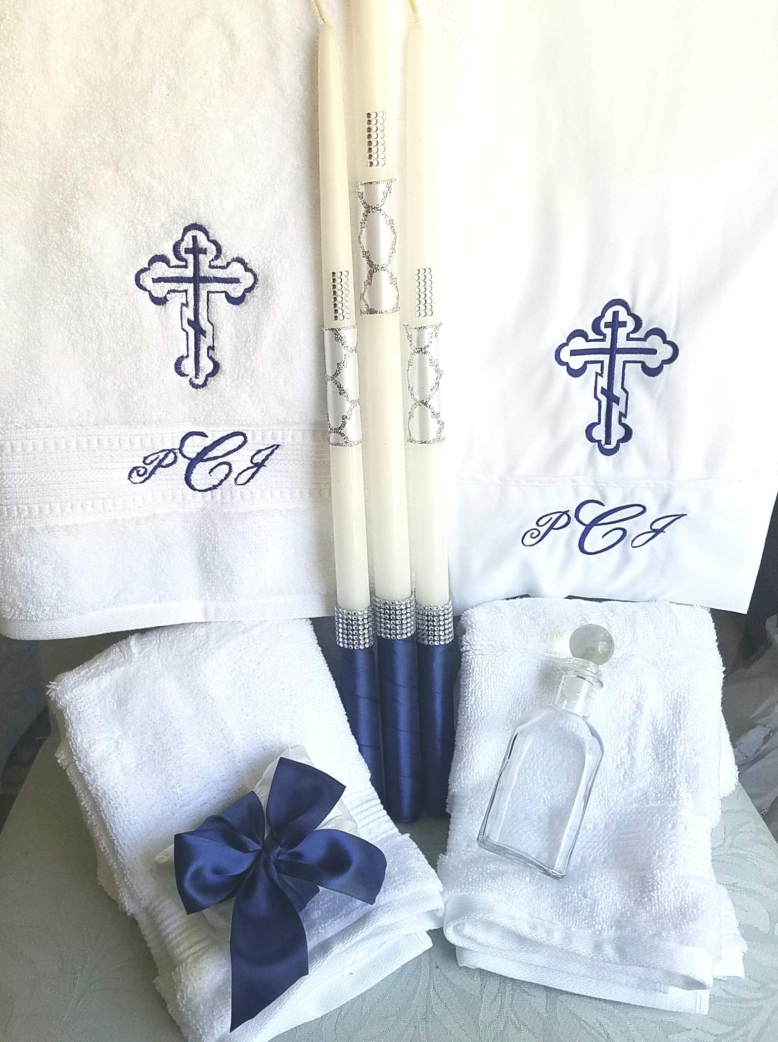 Personalized Greek Orthodox Baptism Gift Set - Embroidered Baptism Towel, Candles & Anointing Oil with Monogram - Perfect for Christening Ceremony & Baby's First Bath